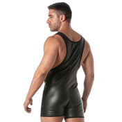 Leather faux-leather polyester polyurethane wetlook apparel bodysuit singlet onesie sleeveless Y-back shorts snap-button press-stud codpiece removable pouch crotch-cutout c-hole matte-finish form-fitting stretchy sleek sexy trendy fetish fashion alt-fashion bondage bdsm bdsm-fashion kink kinky kinkwear costume cosplay halloween athlete wrestling jock varsity back-to-school back-2-school school male masculine masc mens guys dudes black