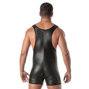 Leather faux-leather polyester polyurethane wetlook apparel bodysuit singlet onesie sleeveless Y-back shorts snap-button press-stud codpiece removable pouch crotch-cutout c-hole matte-finish form-fitting stretchy sleek sexy trendy fetish fashion alt-fashion bondage bdsm bdsm-fashion kink kinky kinkwear costume cosplay halloween athlete wrestling jock varsity back-to-school back-2-school school male masculine masc mens guys dudes black