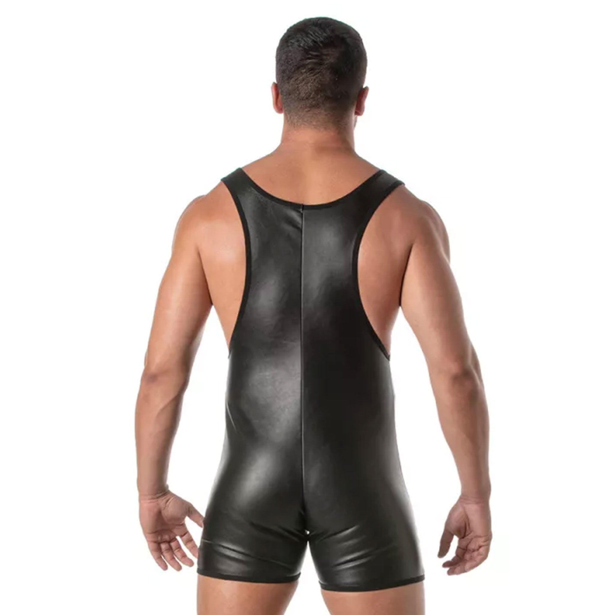 Leather faux-leather polyester polyurethane wetlook apparel bodysuit singlet onesie sleeveless Y-back shorts snap-button press-stud codpiece removable pouch crotch-cutout c-hole matte-finish form-fitting stretchy sleek sexy trendy fetish fashion alt-fashion bondage bdsm bdsm-fashion kink kinky kinkwear costume cosplay halloween athlete wrestling jock varsity back-to-school back-2-school school male masculine masc mens guys dudes black