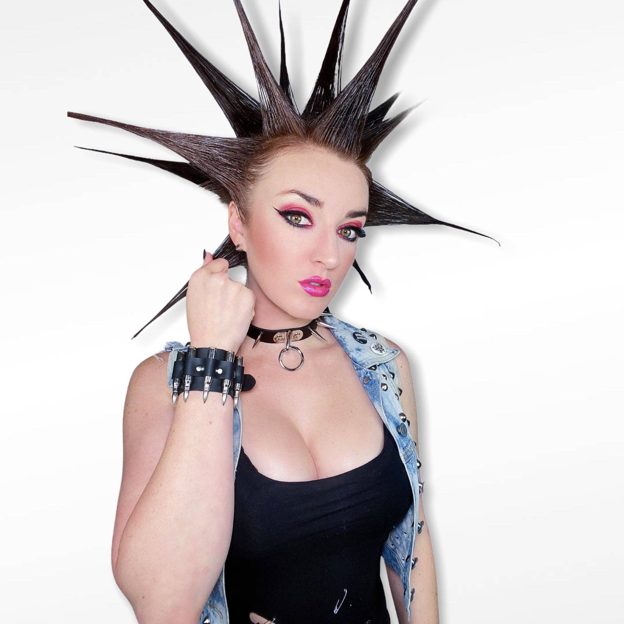 snap cuff with bullets real m16 .223 caliber leather bracelet wide punk rock biker military style fetish accessory
