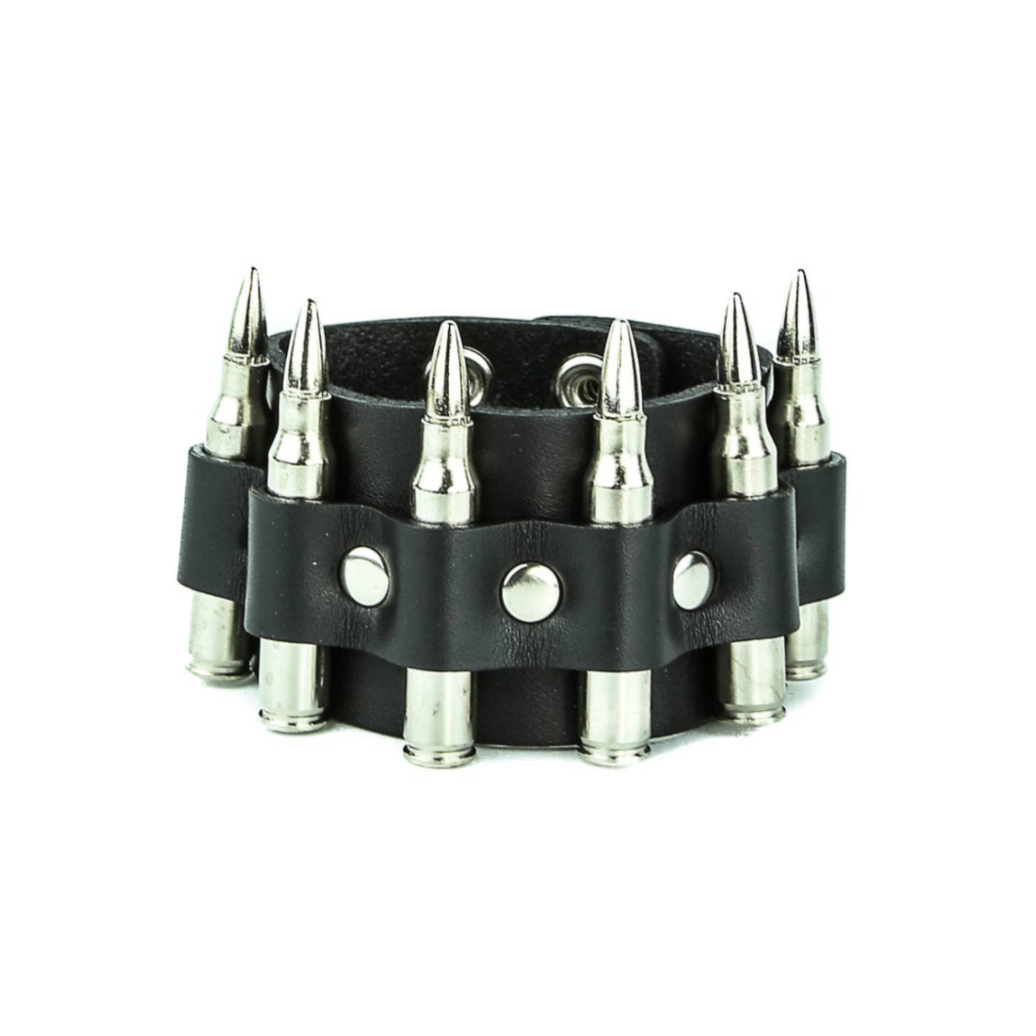 snap cuff with bullets real m16 .223 caliber leather bracelet wide punk rock biker military style fetish accessory
