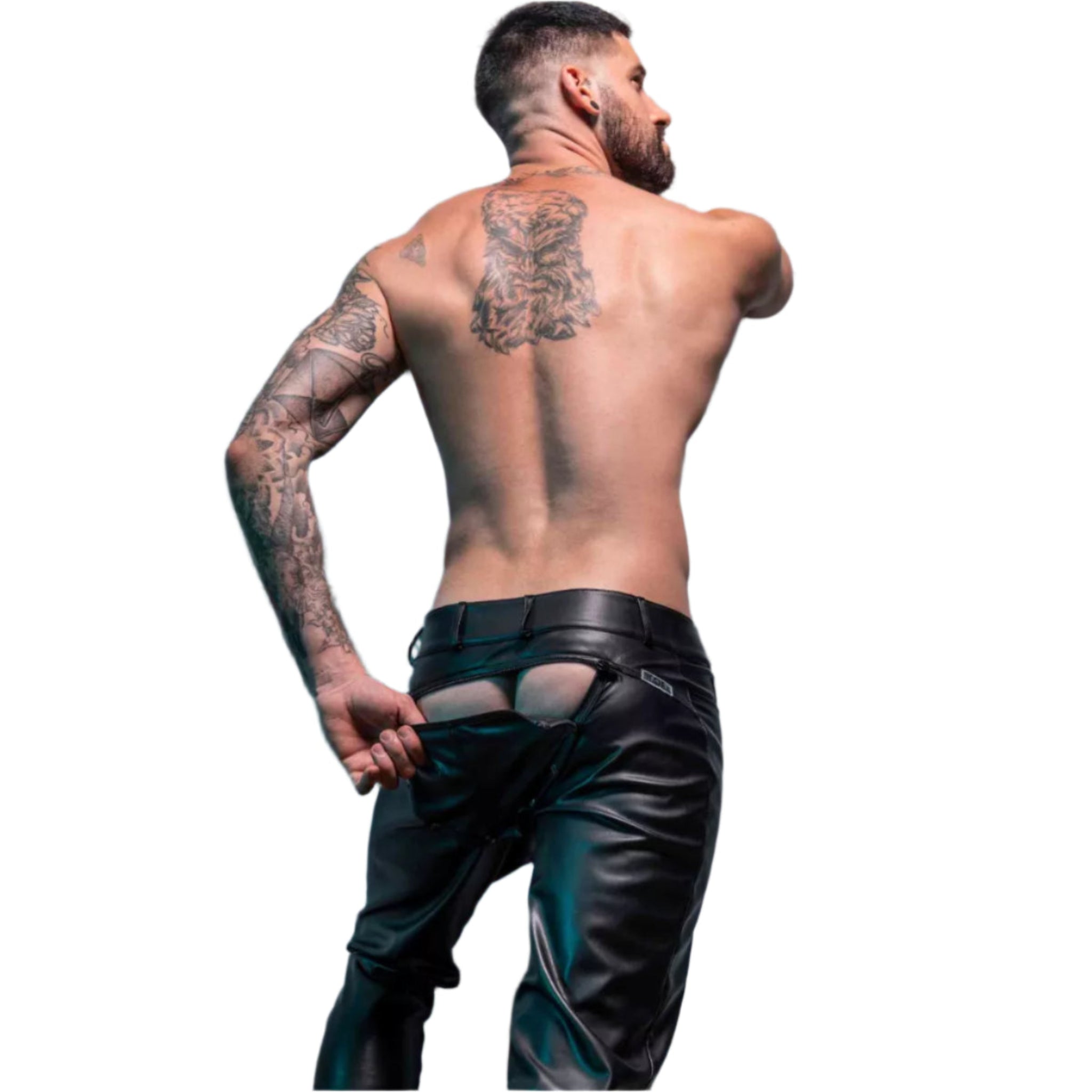 Black wetlook faux leather pants with a removable snap-open back panel, button fly, and three-pocket design.