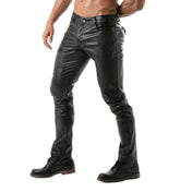 Black wetlook faux leather pants with a removable snap-open back panel, button fly, and three-pocket design.
