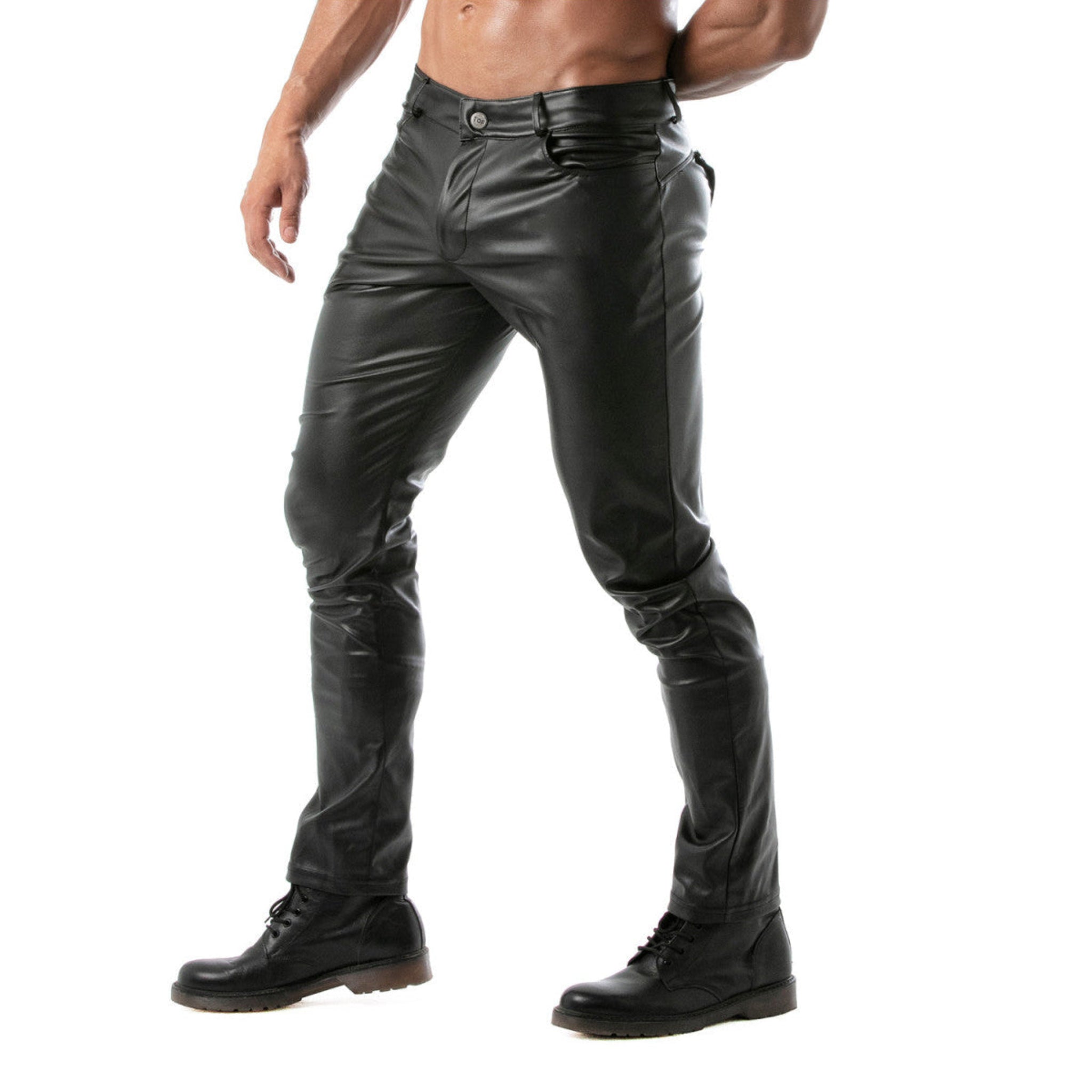 Black wetlook faux leather pants with a removable snap-open back panel, button fly, and three-pocket design.