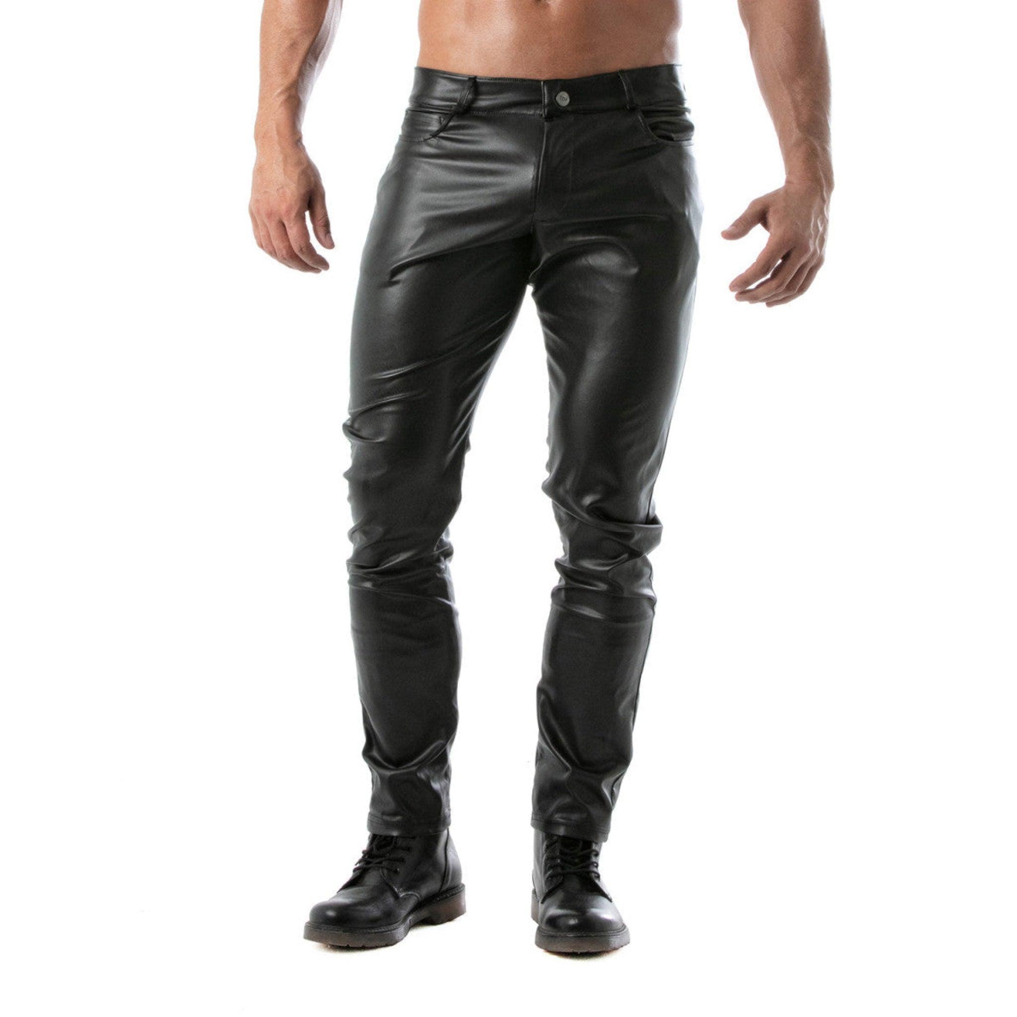 Black wetlook faux leather pants with a removable snap-open back panel, button fly, and three-pocket design.