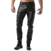 Wetlook leather faux-leather polyester polyurethane apparel bottoms pants zip zipper back-zip snap-button press-stud removable back-panel backless button-fly three-pocket belt-loops stretchy shiny matte-glossy smooth fitted seductive fetish fashion alt-fashion alternative punk goth gothic cyber bondage bdsm bdsm-fashion kink kinky kinkwear male masculine masc mens guys dudes gay lgbtq pride black