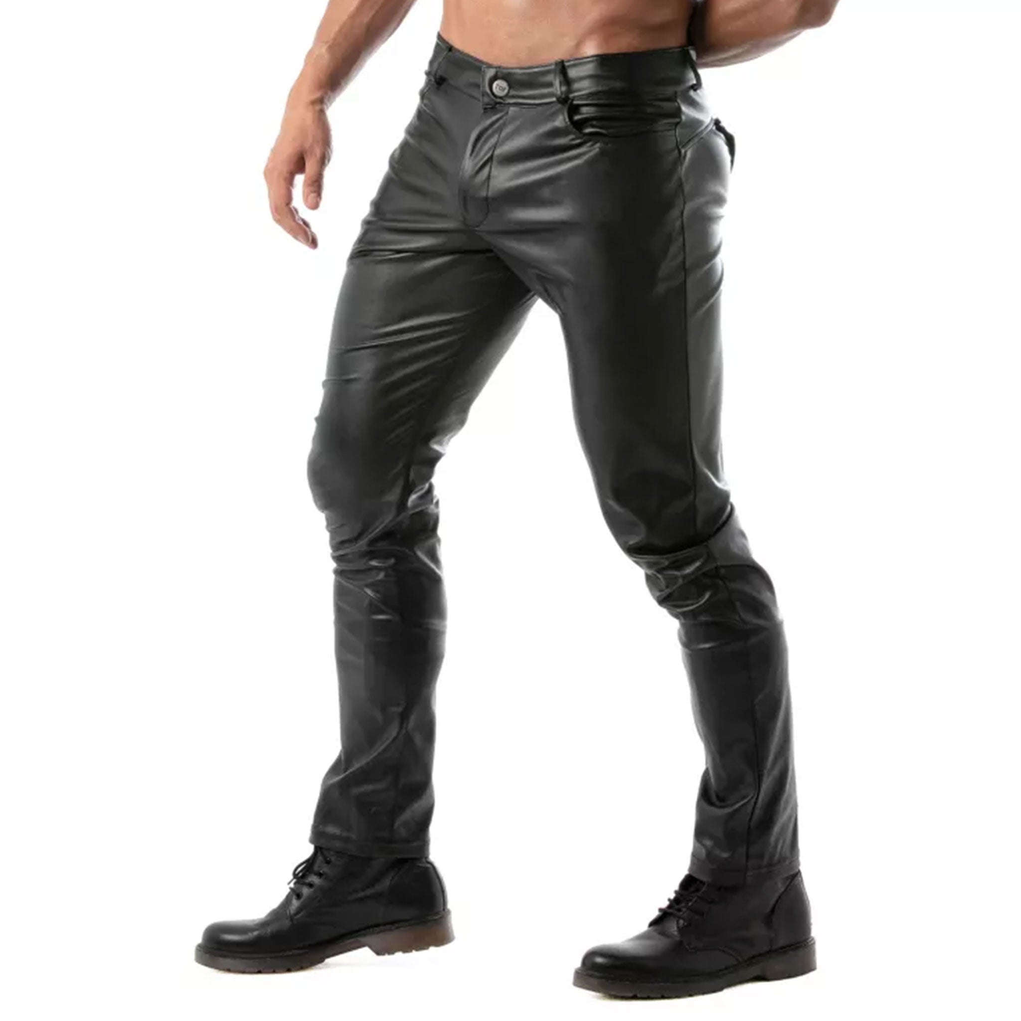 Wetlook leather faux-leather polyester polyurethane apparel bottoms pants zip zipper back-zip snap-button press-stud removable back-panel backless button-fly three-pocket belt-loops stretchy shiny matte-glossy smooth fitted seductive fetish fashion alt-fashion alternative punk goth gothic cyber bondage bdsm bdsm-fashion kink kinky kinkwear male masculine masc mens guys dudes gay lgbtq pride black