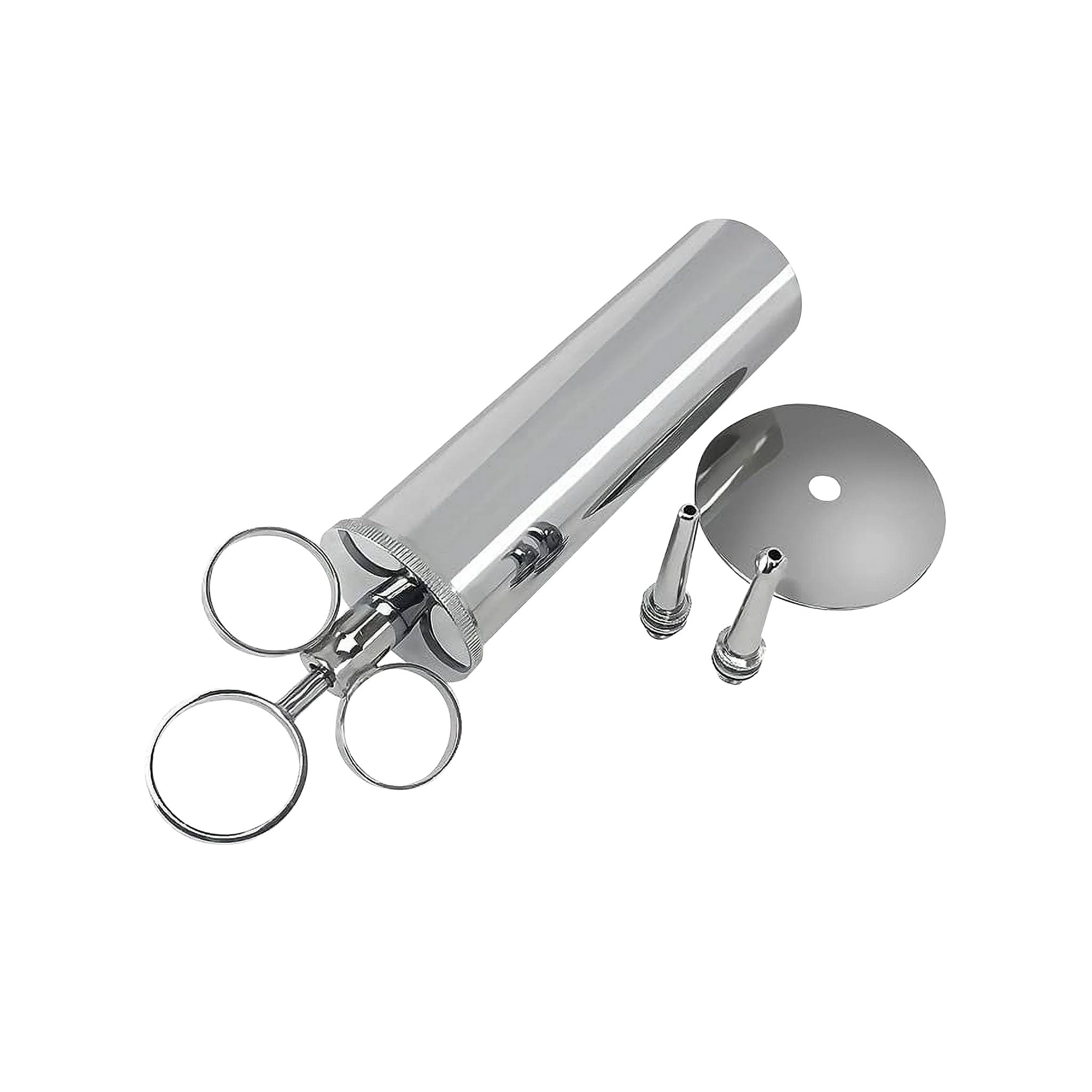 Metallic solid-metal syringe enema douche nozzle removable catheter bulbous ring-plunger bdsm bdsm-play medical medical-play medical-toys kink kinky kinky-play doctor adult-toys silver