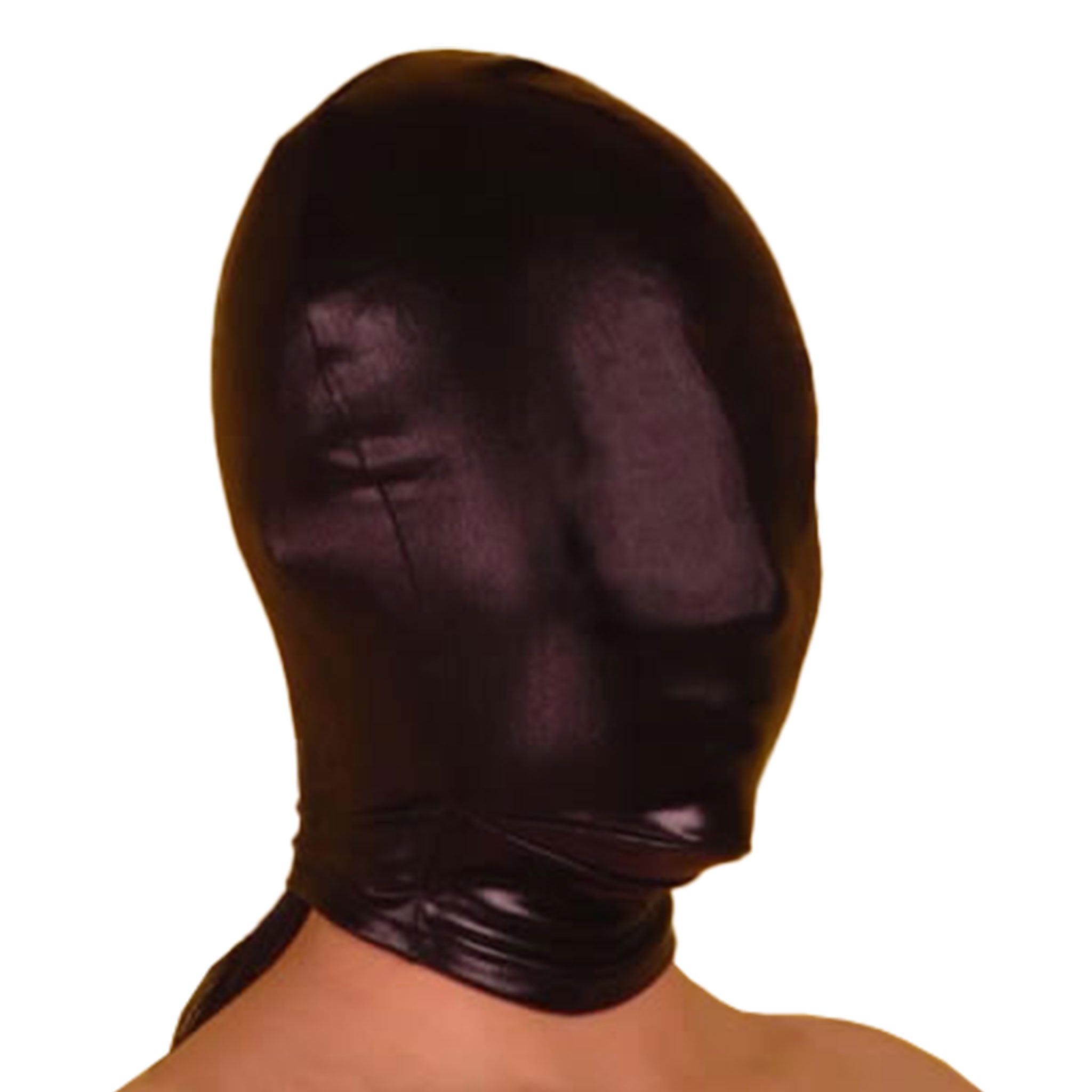 Spandex elastane accessories mask hood non-anatomical nonanatomical head-sock headsock no-eyes no-ears no-mouth pull-on pullon back-zip zipper shiny glossy stretchy bdsm bondage kink kinky kinky-play sensory sensory-play sensory-deprivation deprivation sensation depersonalization zentai unisex black