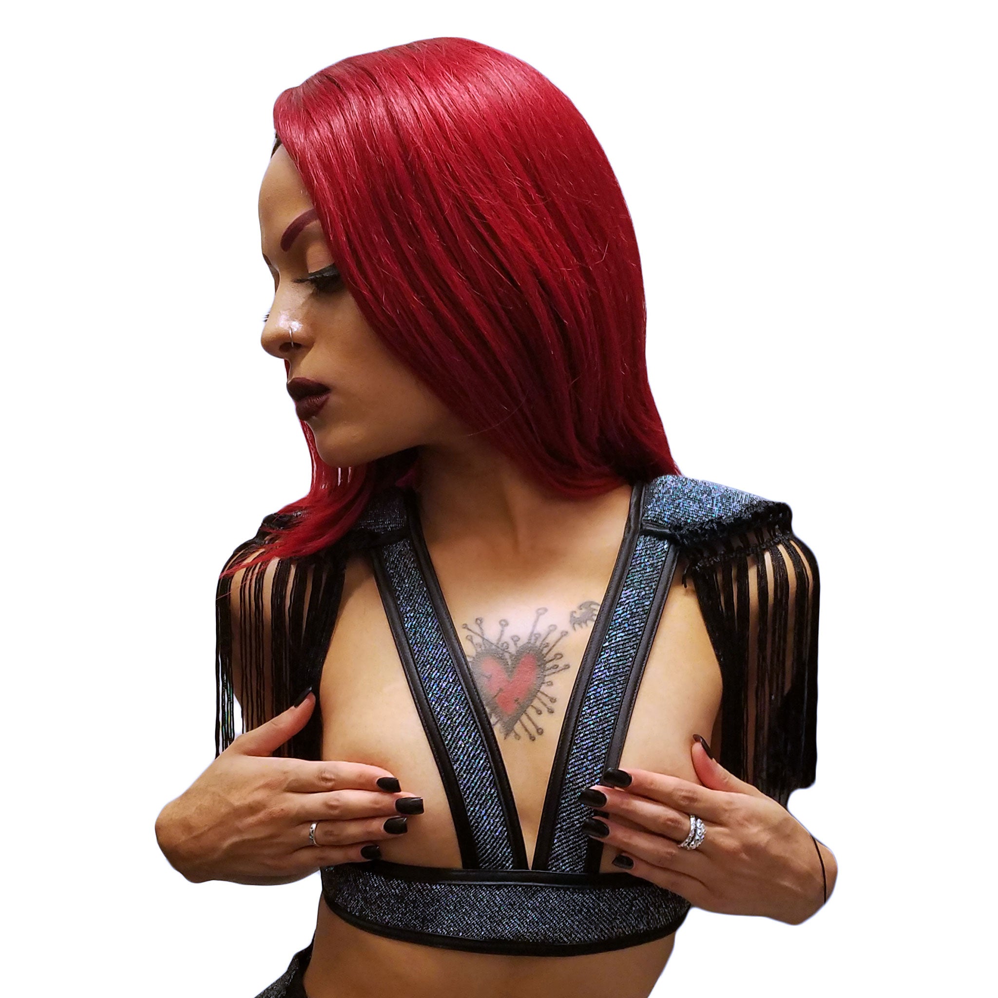 Polyester accessories padding harness chest-harness shoulder-pads padded-shoulders tassels long-tassels back-closure hook-and-eye garter-clip suspender elastic straps underbust under-bust support 
glittering glittery sparkling comfortable fashion alternative alt-fashion rave ravewear festivalwear festival unisex silver