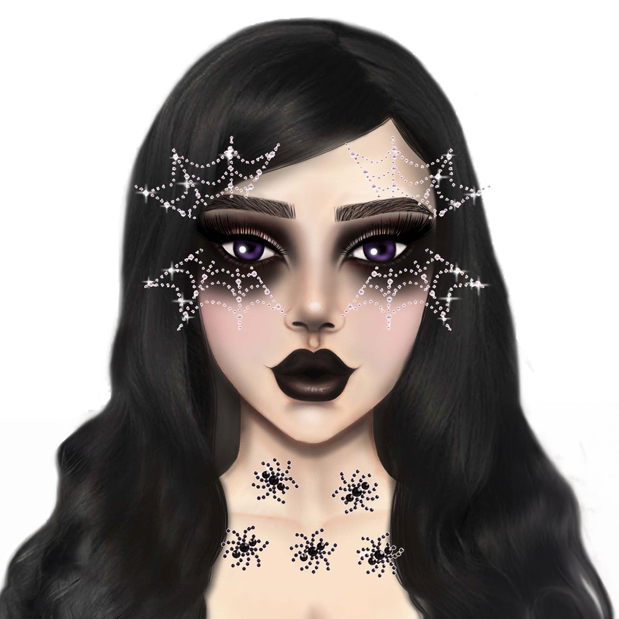 Rhinestones accessories face-jewels body-jewelry stickers face-gems symmetrical glam glamorous radiant bold sparkling sparkle bedazzle spooky vibrant costume cosplay halloween rave ravewear festival carnival spiders webs spiderwebs spider-web switch clear black