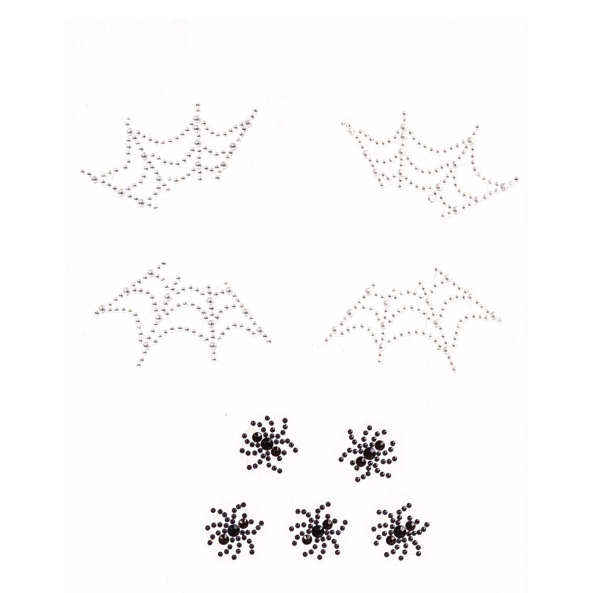 Rhinestones accessories face-jewels body-jewelry stickers face-gems symmetrical glam glamorous radiant bold sparkling sparkle bedazzle spooky vibrant costume cosplay halloween rave ravewear festival carnival spiders webs spiderwebs spider-web switch clear black