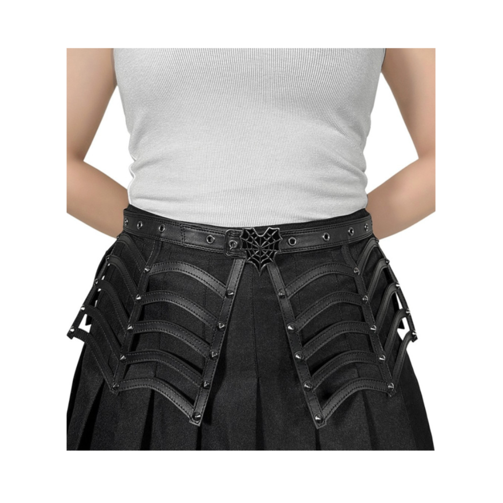 black spiderweb cut out belt faux leather gothic punk alternative fashion waist belt with heart shaped spiderweb buckle cone spike studs adjustable straps fetish statement accessory