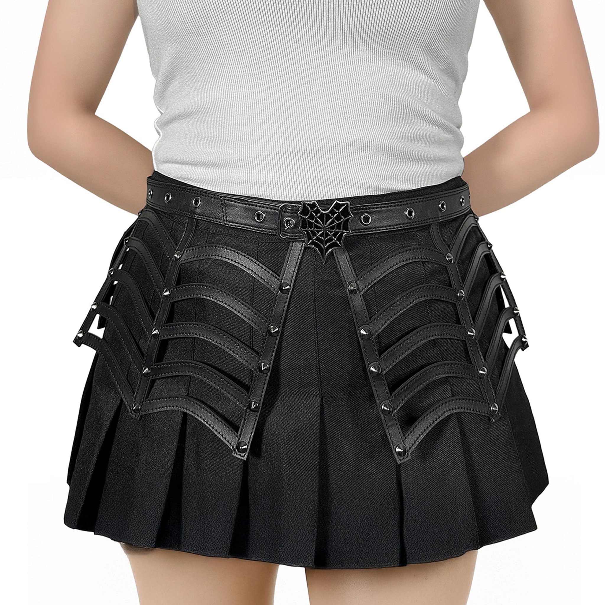 Leather faux-leather accessories belt spider-web spiderweb web spider cutout cut-out heart-shaped adjustable buckle spike spikes spiked cone-spike studded layered-straps cincher eyelets dark charming charm edgy fashion alt-fashion goth gothic goth-doll gothic-doll punk costume cosplay halloween spooky statement unisex black