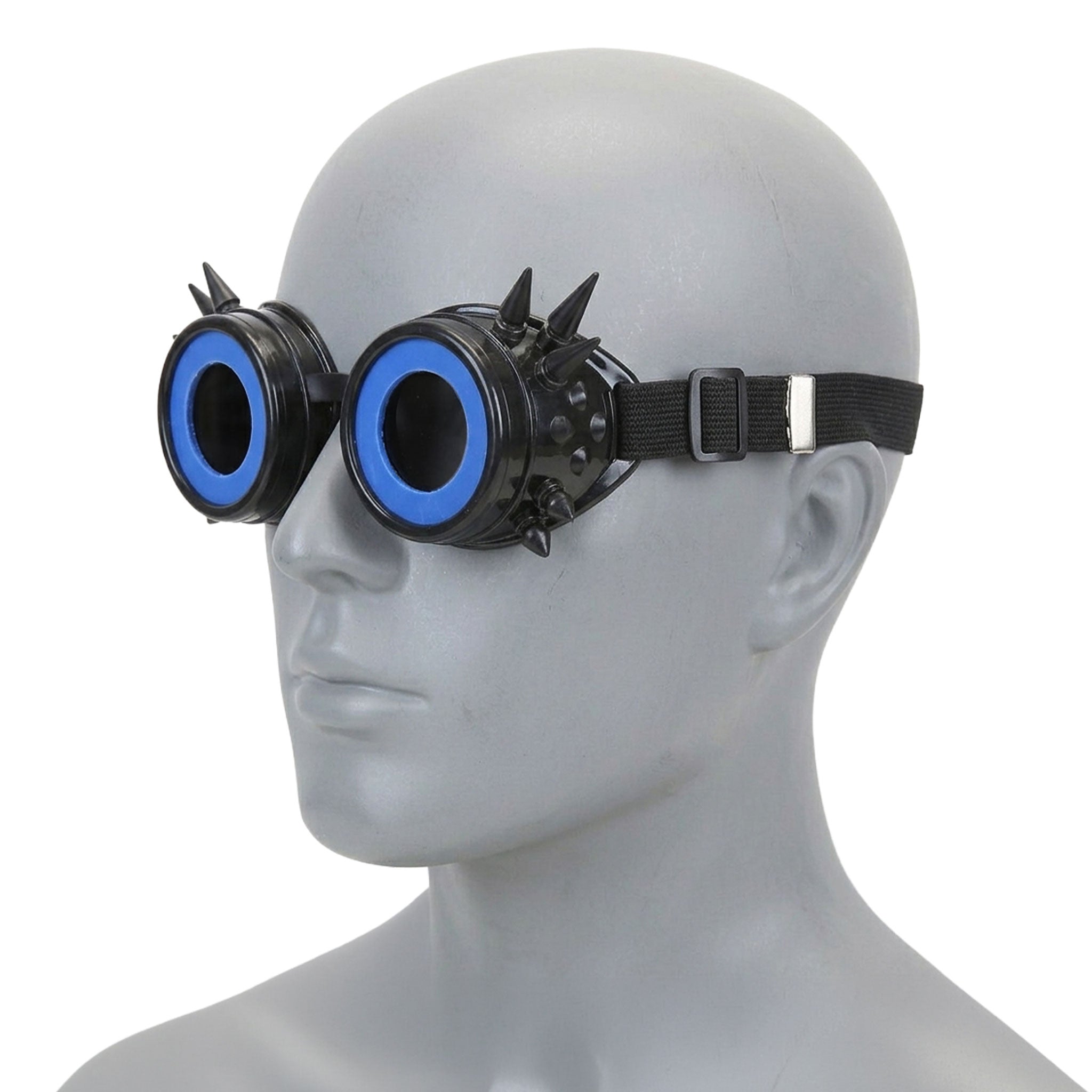 Plastic vinyl polycarbonate accessories headgear eyewear goggles spike spikes spiked spike-studs cutout-lens reduced-optics elastic-band adjustable fashion alt-fashion alternative punk goth gothic cyber festival rave ravewear raver-babe costume cosplay halloween halloween-accessories unisex black blue