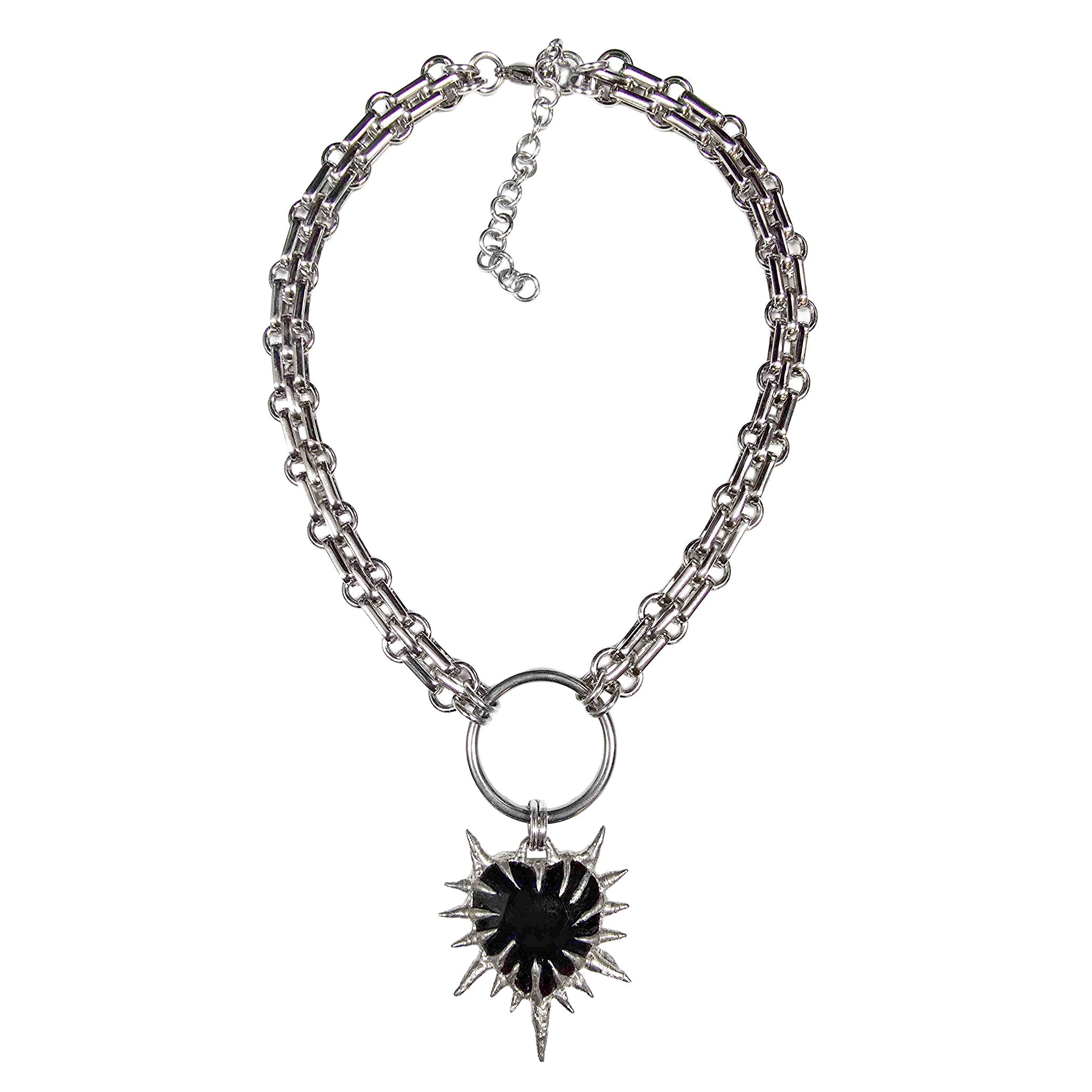 Onyx silver electroplated-silver stainless-steel accessories jewelry spiritual-jewelry gemstone faceted-gemstone gemstone-jewelry choker heart-charm spiked-heart blackheart black-heart adjustable lobster-clasp bold chunky thick stylish wild hand-crafted handcrafted fashion alt-fashion boho bohemian boho-chic goth gothic emo punk industrial rocker witch wicca fairy medieval viking victorian renfaire date-night festival holiday valentine st-valentine saint-valentine gift unisex black silver