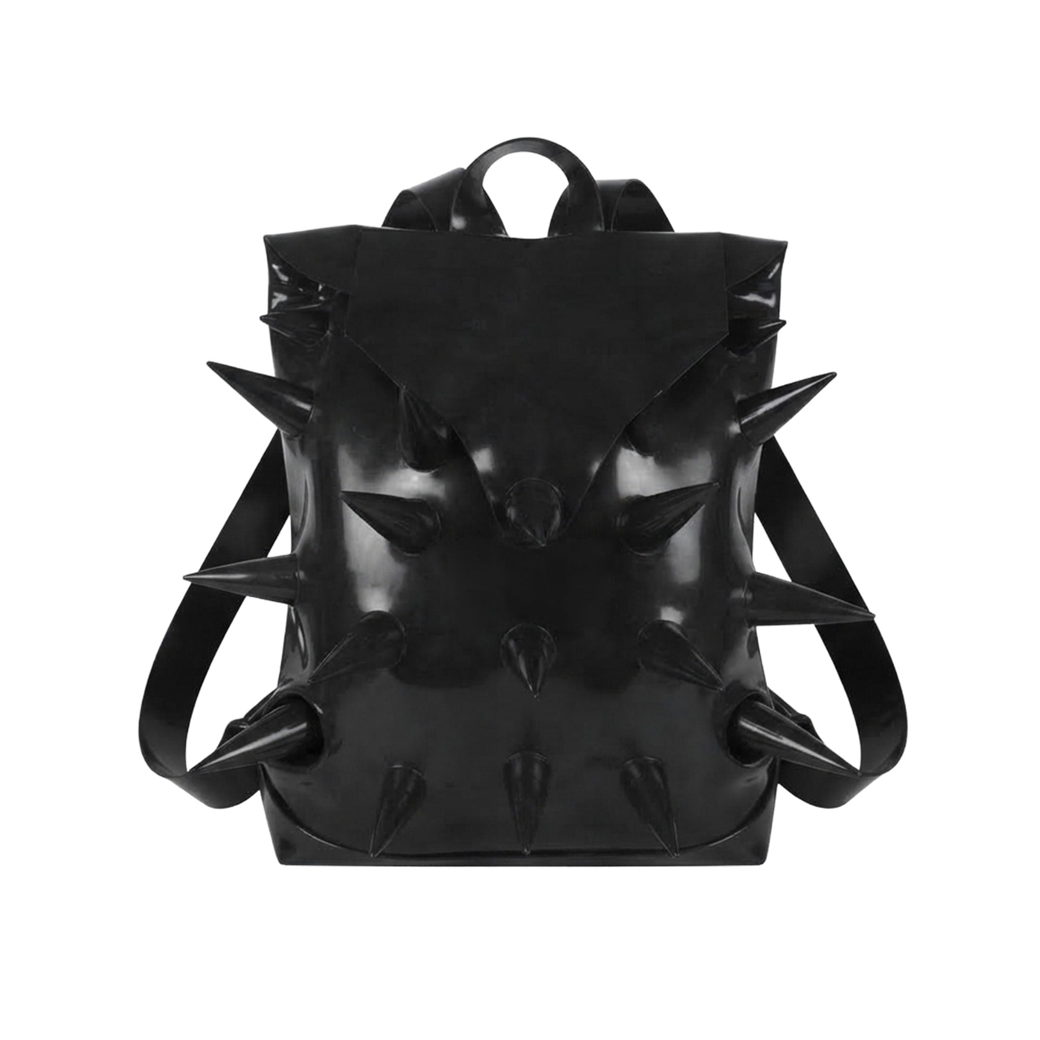 Latex rubber heavy-duty sewn glued accessories bags backpack rucksack spiked spike spikes single-compartment flap-closure safety-buckle zipper interior-pocket shoulder-straps adjustable sturdy unique shiny glossy deterrent strong fetish fashion alt-fashion alternative punk goth gothic cyber cyberpunk raver raver-babe futuristic bondage bdsm bdsm-fashion kink kinky kinkwear costume cosplay halloween unisex black