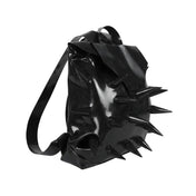 Latex rubber heavy-duty sewn glued accessories bags backpack rucksack spiked spike spikes single-compartment flap-closure safety-buckle zipper interior-pocket shoulder-straps adjustable sturdy unique shiny glossy deterrent strong fetish fashion alt-fashion alternative punk goth gothic cyber cyberpunk raver raver-babe futuristic bondage bdsm bdsm-fashion kink kinky kinkwear costume cosplay halloween unisex black