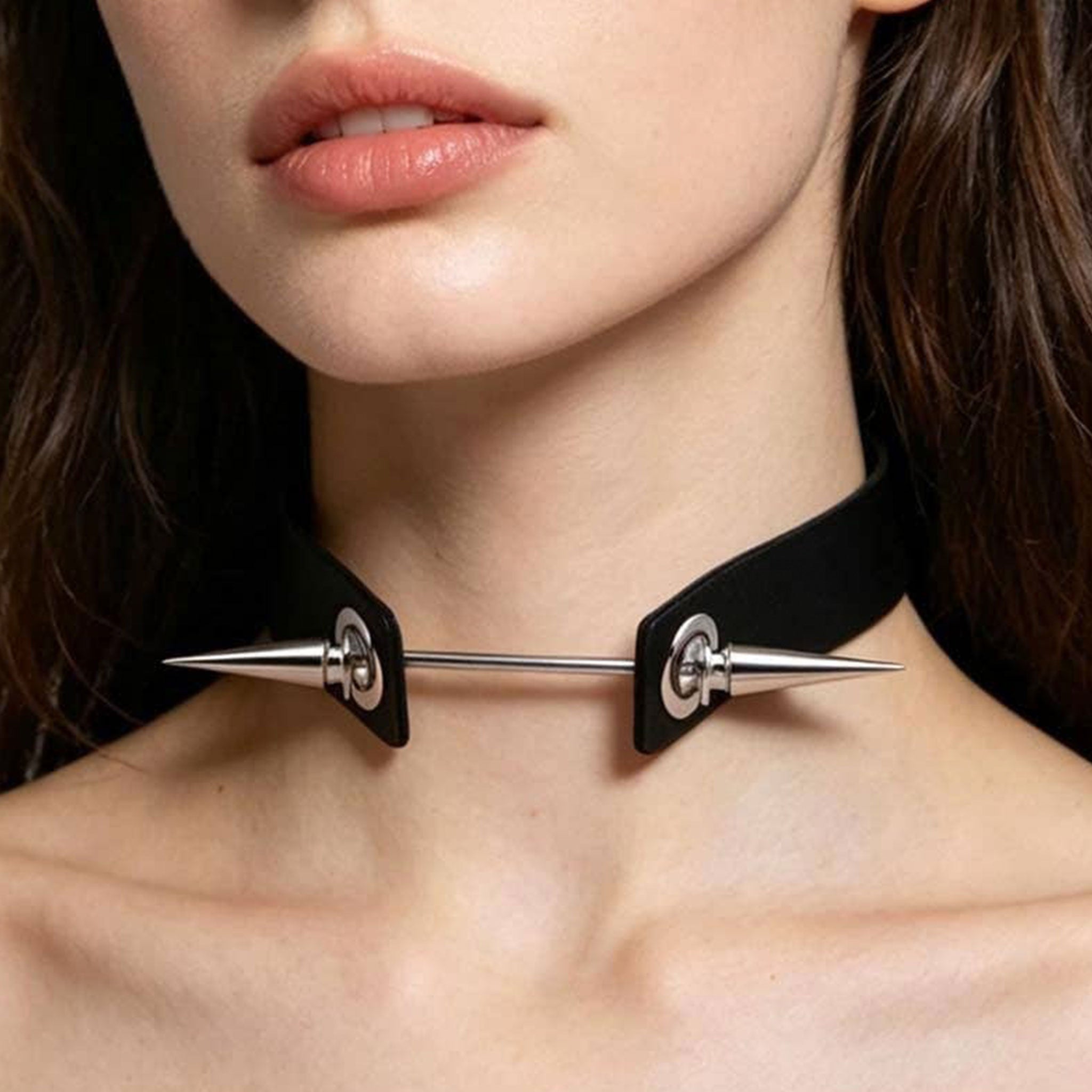 Leather PU-leather faux-leather metallic-alloy accessories neckwear collar choker barbell screw-on spike spiked spikes tree-spikes large-spikes adjustable sexy extreme exaggerated edgy unique pointy high-quality durable comfortable lightweight versatile fashion-forward trendy fetish fashion alt-fashion alternative punk goth gothic bedroom dungeon clubbing clubwear festival nightclub bondage bdsm bdsm-gear kink kinky kinkwear costume cosplay anime halloween halloween-accessories unisex black