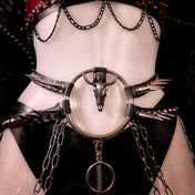 Latex rubber metallic hanging-chains accessories belt spike spikes spiked multi-spike waist-harness waist-belt hip-harness hip-belt O-ring cattle-skull strappy baphomet cattle-skull devil demon edgy fetish fashion alt-fashion goth gothic punk bdsm bondage costume cosplay halloween female femme feminine womens black
