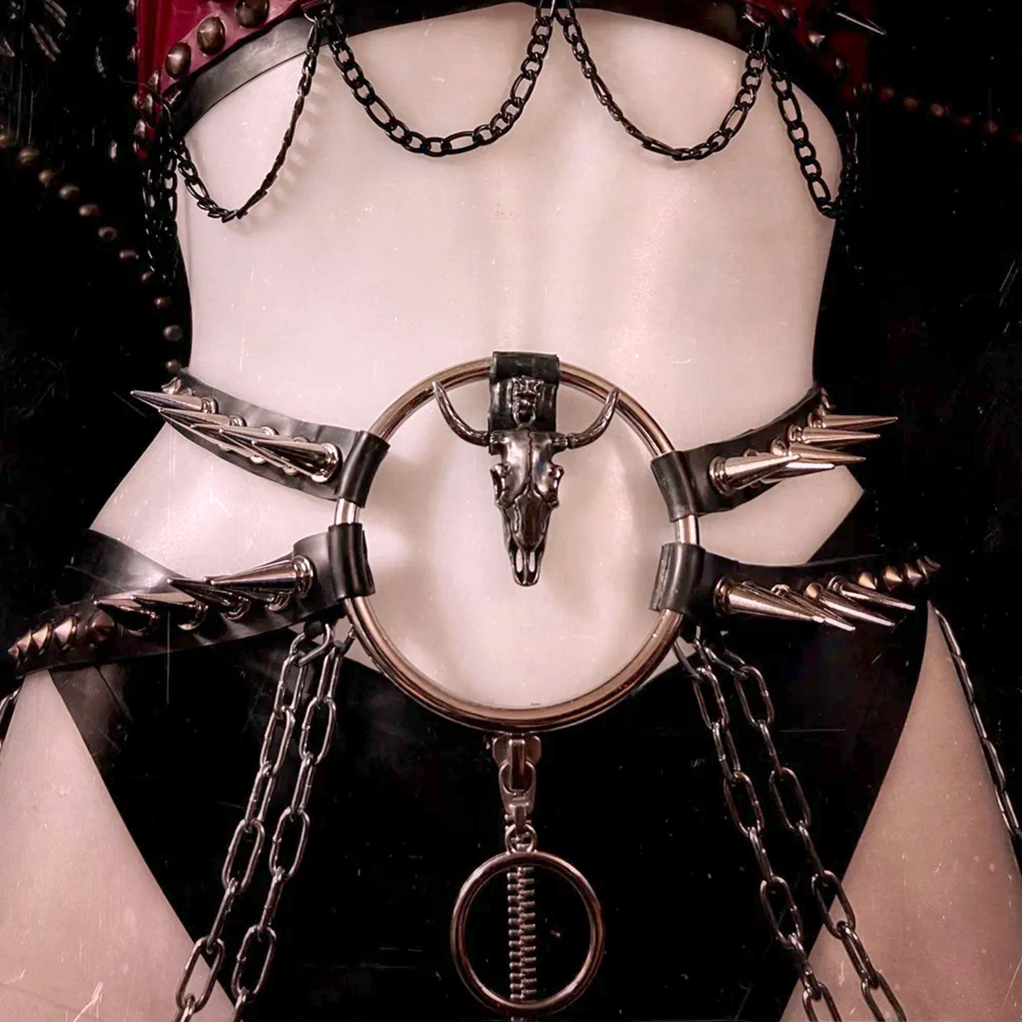 Latex rubber metallic hanging-chains accessories belt spike spikes spiked multi-spike waist-harness waist-belt hip-harness hip-belt O-ring cattle-skull strappy baphomet cattle-skull devil demon edgy fetish fashion alt-fashion goth gothic punk bdsm bondage costume cosplay halloween female femme feminine womens black