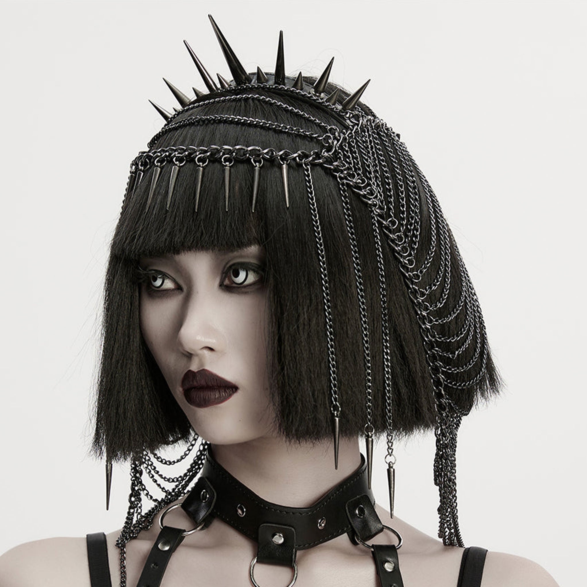 Metallic-chain metallic-alloy leather PU polyurethane accessories headgear head-gear headdress head-dress adjustable chain hanging-chain D-rings spike spikes spiked close-fitting contours dynamic dramatic distinctive comfortable lightweight versatile bold edgy punk punk-inspired goth gothic dark romantic stylish attitude costume cosplay halloween female femme feminine womens unisex 