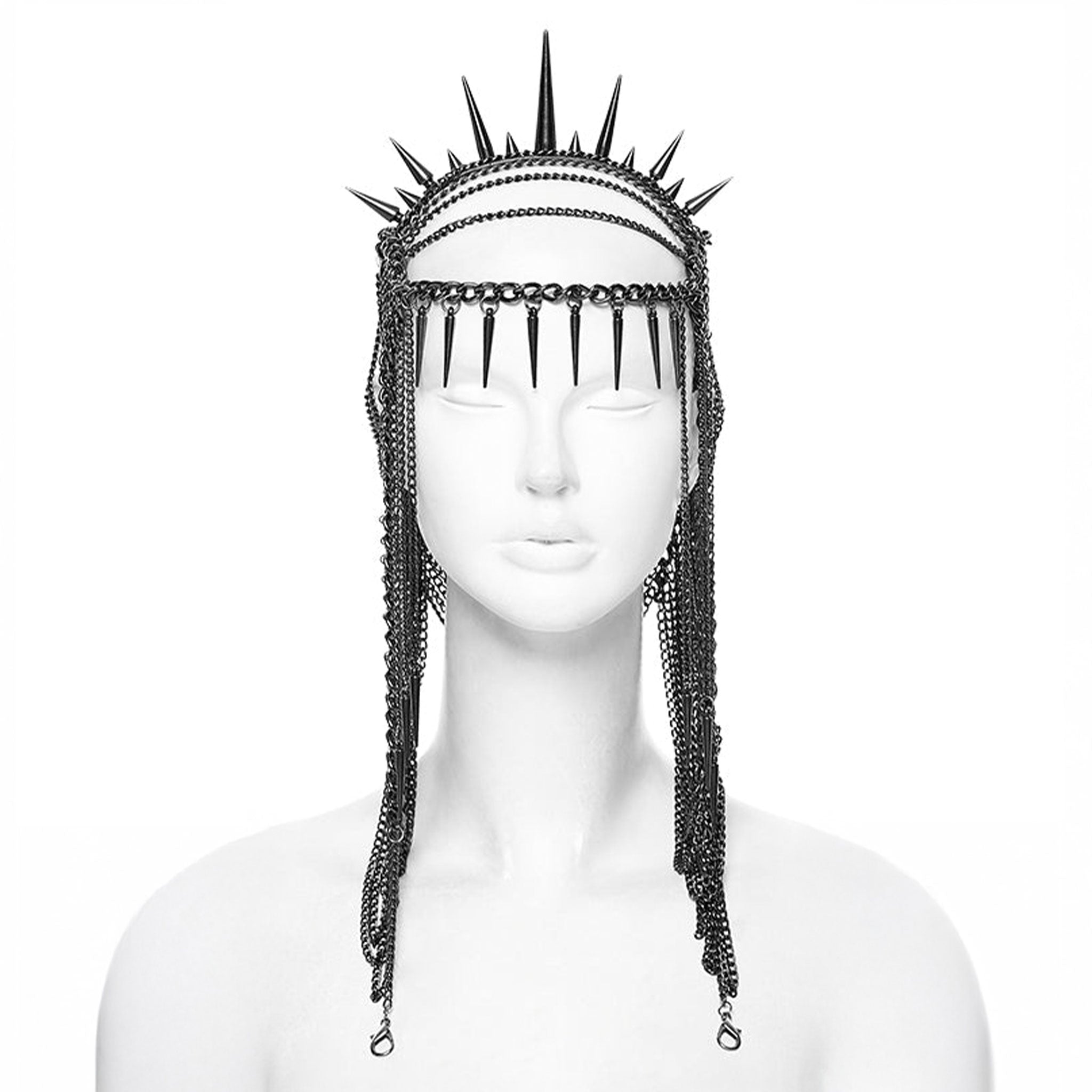 Metallic-chain metallic-alloy leather PU polyurethane accessories headgear head-gear headdress head-dress adjustable chain hanging-chain D-rings spike spikes spiked close-fitting contours dynamic dramatic distinctive comfortable lightweight versatile bold edgy punk punk-inspired goth gothic dark romantic stylish attitude costume cosplay halloween female femme feminine womens unisex 