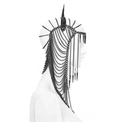 Metallic-chain metallic-alloy leather PU polyurethane accessories headgear head-gear headdress head-dress adjustable chain hanging-chain D-rings spike spikes spiked close-fitting contours dynamic dramatic distinctive comfortable lightweight versatile bold edgy punk punk-inspired goth gothic dark romantic stylish attitude costume cosplay halloween female femme feminine womens unisex 