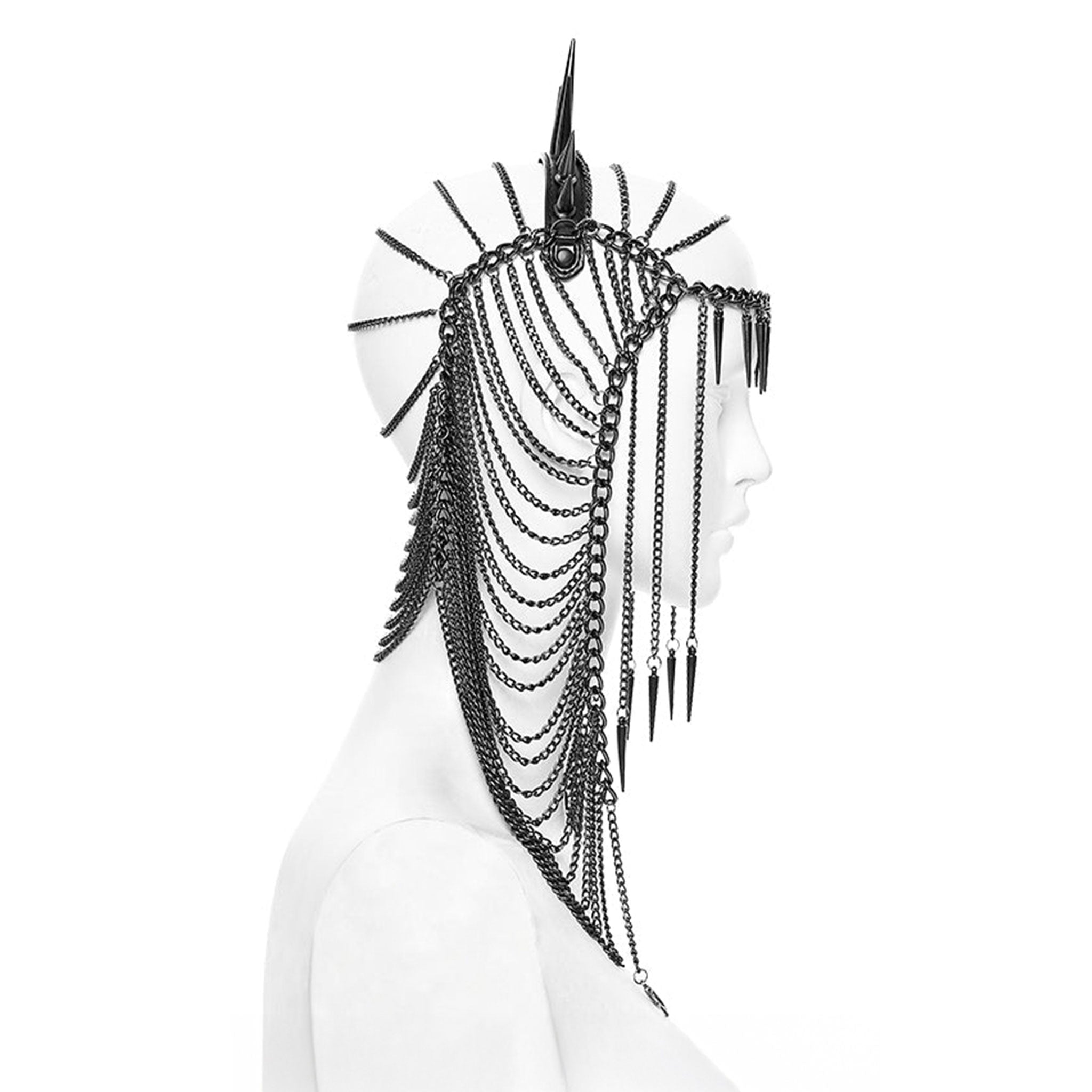 Metallic-chain metallic-alloy leather PU polyurethane accessories headgear head-gear headdress head-dress adjustable chain hanging-chain D-rings spike spikes spiked close-fitting contours dynamic dramatic distinctive comfortable lightweight versatile bold edgy punk punk-inspired goth gothic dark romantic stylish attitude costume cosplay halloween female femme feminine womens unisex 