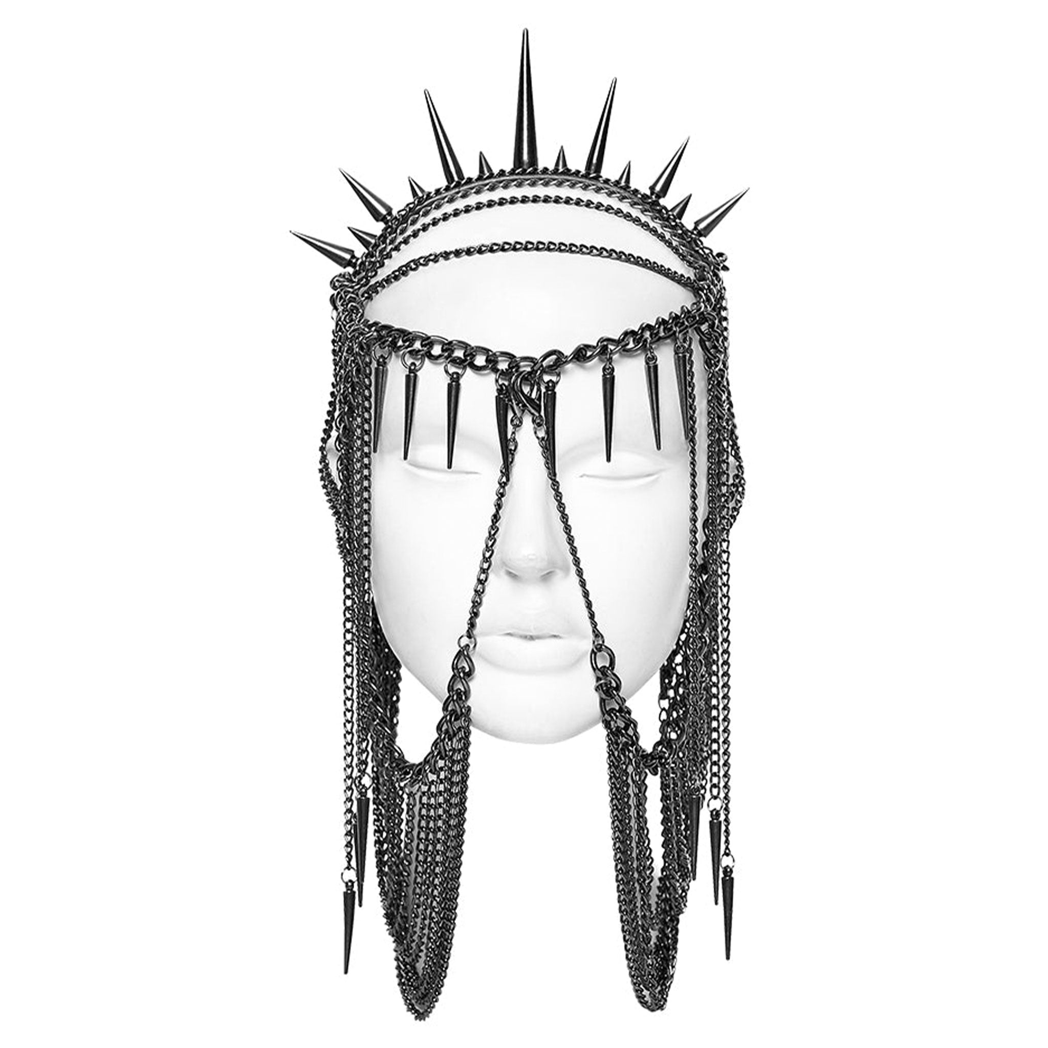 Metallic-chain metallic-alloy leather PU polyurethane accessories headgear head-gear headdress head-dress adjustable chain hanging-chain D-rings spike spikes spiked close-fitting contours dynamic dramatic distinctive comfortable lightweight versatile bold edgy punk punk-inspired goth gothic dark romantic stylish attitude costume cosplay halloween female femme feminine womens unisex 