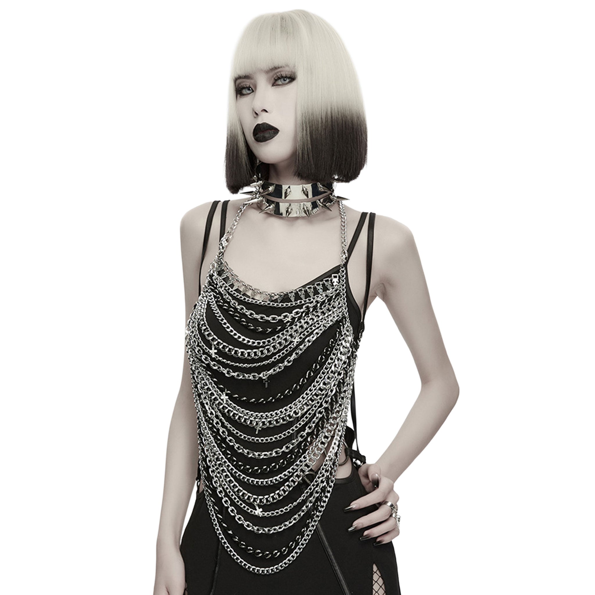 Aluminum-alloy metallic-chain velvet-flocking apparel accessories harness body-harness body-chain halter-neck halter-top hanging-chains skull charms spikes spiked conical-spikes enamel-cross crucifix adjustable lobster-clasp edgy shiny cascading multi-layered dangling subtle translucent two-tone fetish fashion alt-fashion alternative punk goth gothic cyber cyberpunk rave raver-babe festival costume cosplay halloween halloween-accessories afterdark-collection female femme feminine womens silver-black
