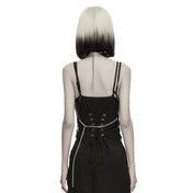 Aluminum-alloy metallic-chain velvet-flocking apparel accessories harness body-harness body-chain halter-neck halter-top hanging-chains skull charms spikes spiked conical-spikes enamel-cross crucifix adjustable lobster-clasp edgy shiny cascading multi-layered dangling subtle translucent two-tone fetish fashion alt-fashion alternative punk goth gothic cyber cyberpunk rave raver-babe festival costume cosplay halloween halloween-accessories afterdark-collection female femme feminine womens silver-black