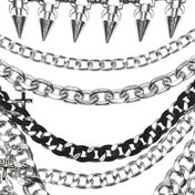 Aluminum-alloy metallic-chain velvet-flocking apparel accessories harness body-harness body-chain halter-neck halter-top hanging-chains skull charms spikes spiked conical-spikes enamel-cross crucifix adjustable lobster-clasp edgy shiny cascading multi-layered dangling subtle translucent two-tone fetish fashion alt-fashion alternative punk goth gothic cyber cyberpunk rave raver-babe festival costume cosplay halloween halloween-accessories afterdark-collection female femme feminine womens silver-black