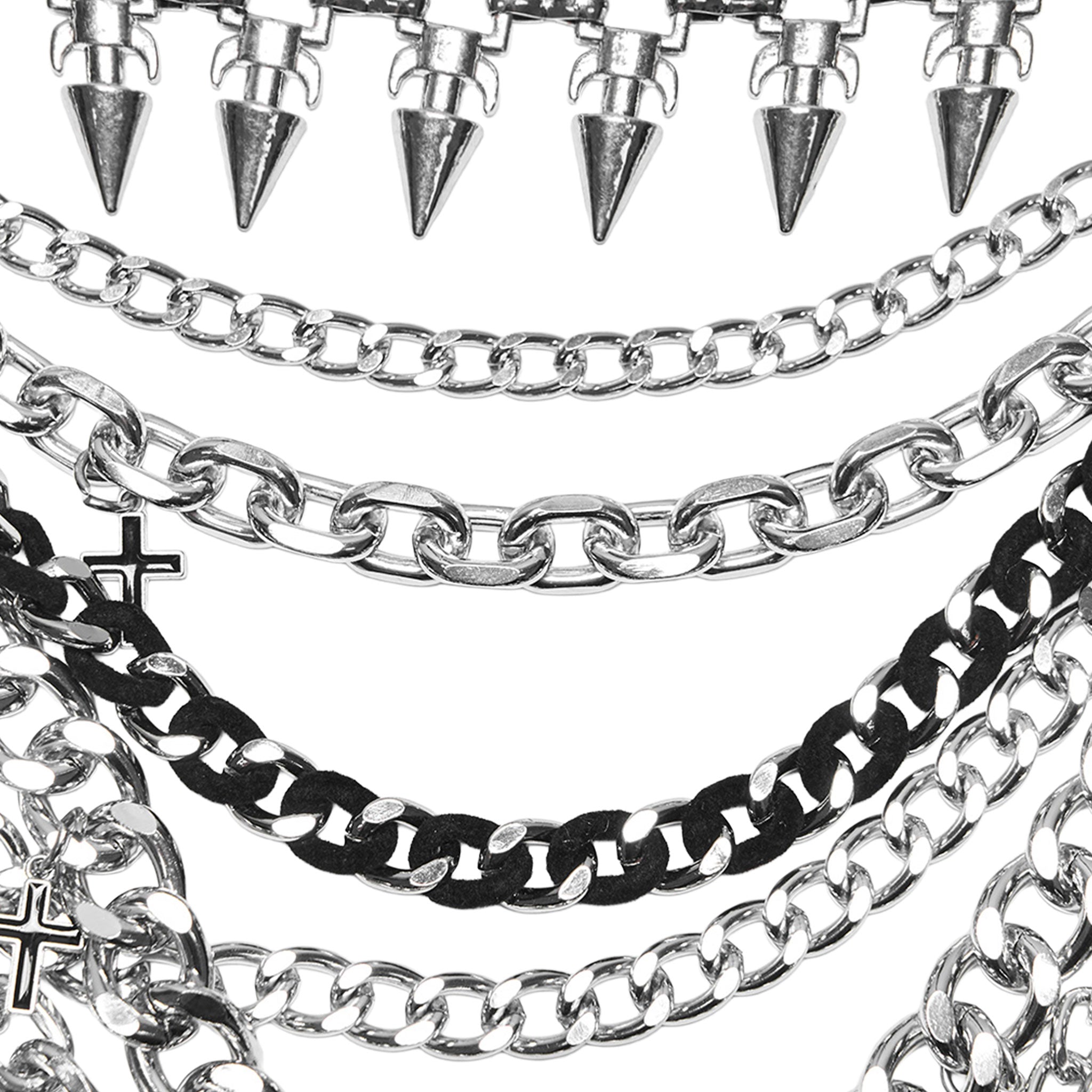 Aluminum-alloy metallic-chain velvet-flocking apparel accessories harness body-harness body-chain halter-neck halter-top hanging-chains skull charms spikes spiked conical-spikes enamel-cross crucifix adjustable lobster-clasp edgy shiny cascading multi-layered dangling subtle translucent two-tone fetish fashion alt-fashion alternative punk goth gothic cyber cyberpunk rave raver-babe festival costume cosplay halloween halloween-accessories afterdark-collection female femme feminine womens silver-black