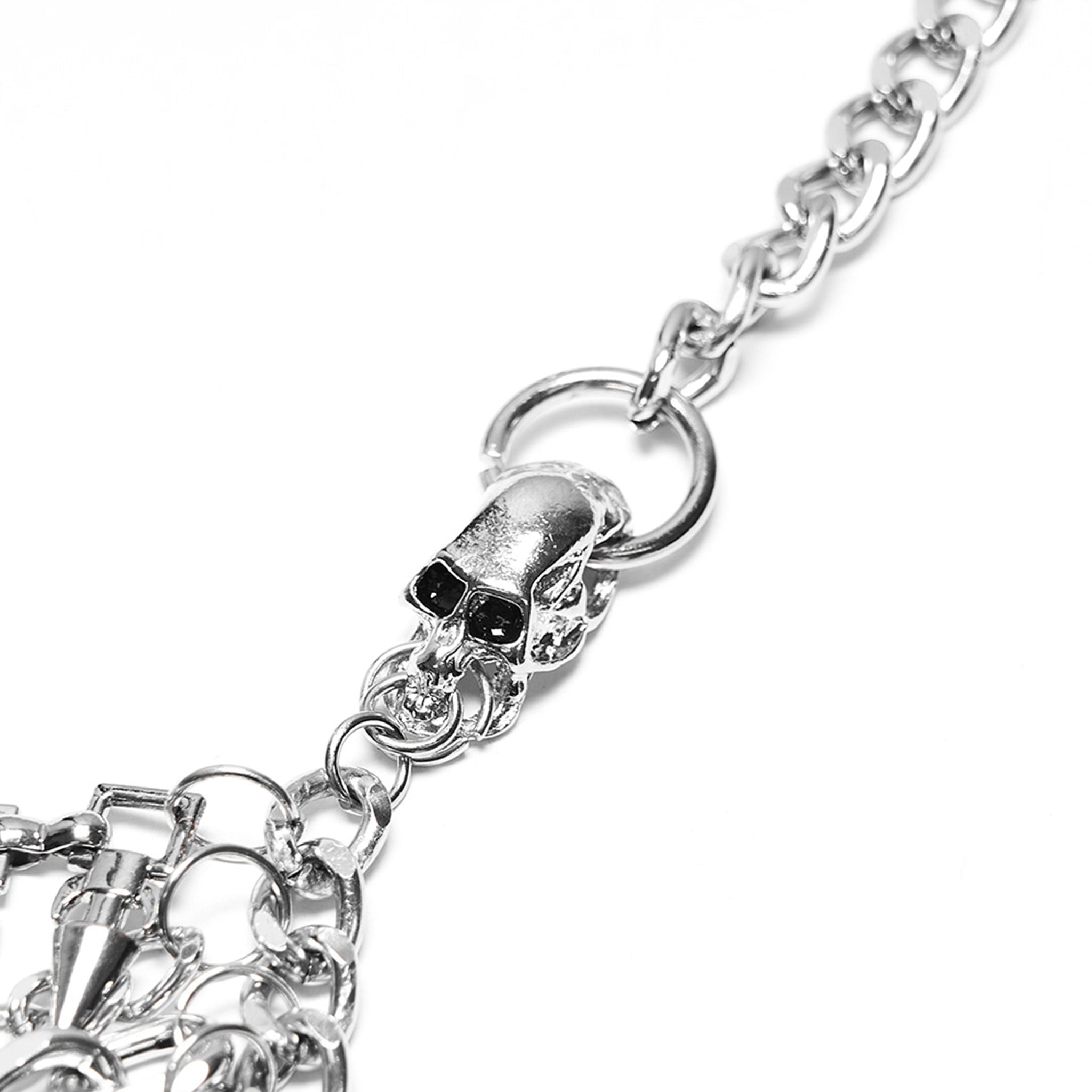 Aluminum-alloy metallic-chain velvet-flocking apparel accessories harness body-harness body-chain halter-neck halter-top hanging-chains skull charms spikes spiked conical-spikes enamel-cross crucifix adjustable lobster-clasp edgy shiny cascading multi-layered dangling subtle translucent two-tone fetish fashion alt-fashion alternative punk goth gothic cyber cyberpunk rave raver-babe festival costume cosplay halloween halloween-accessories afterdark-collection female femme feminine womens silver-black