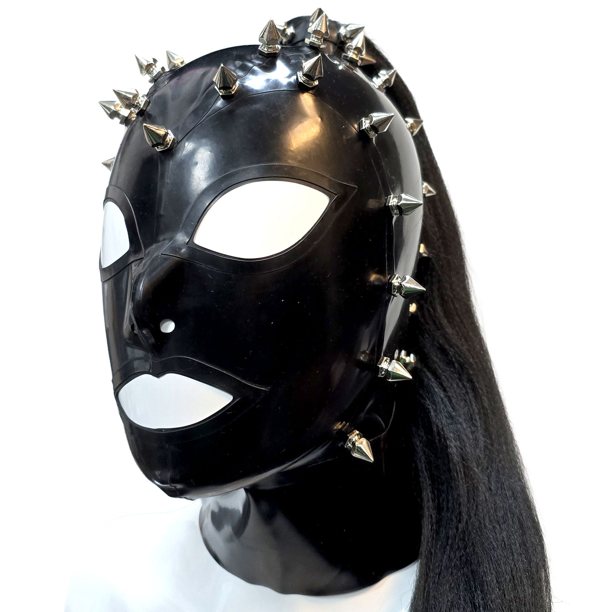 Latex rubber accessories latex-accessories head-gear hood latex-hood mask anatomical spike spikes spiked short-spikes magnetic-hair magnetic-ponytail high-ponytail back-zip zipper hair-shield shiny glossy spicy sexy striking fetish fashion alt-fashion alternative punk goth gothic cyber cyberpunk bondage bdsm bdsm-gear bdsm-hood bdsm-toys kink kinky kinkwear costume cosplay halloween unisex black black-hair