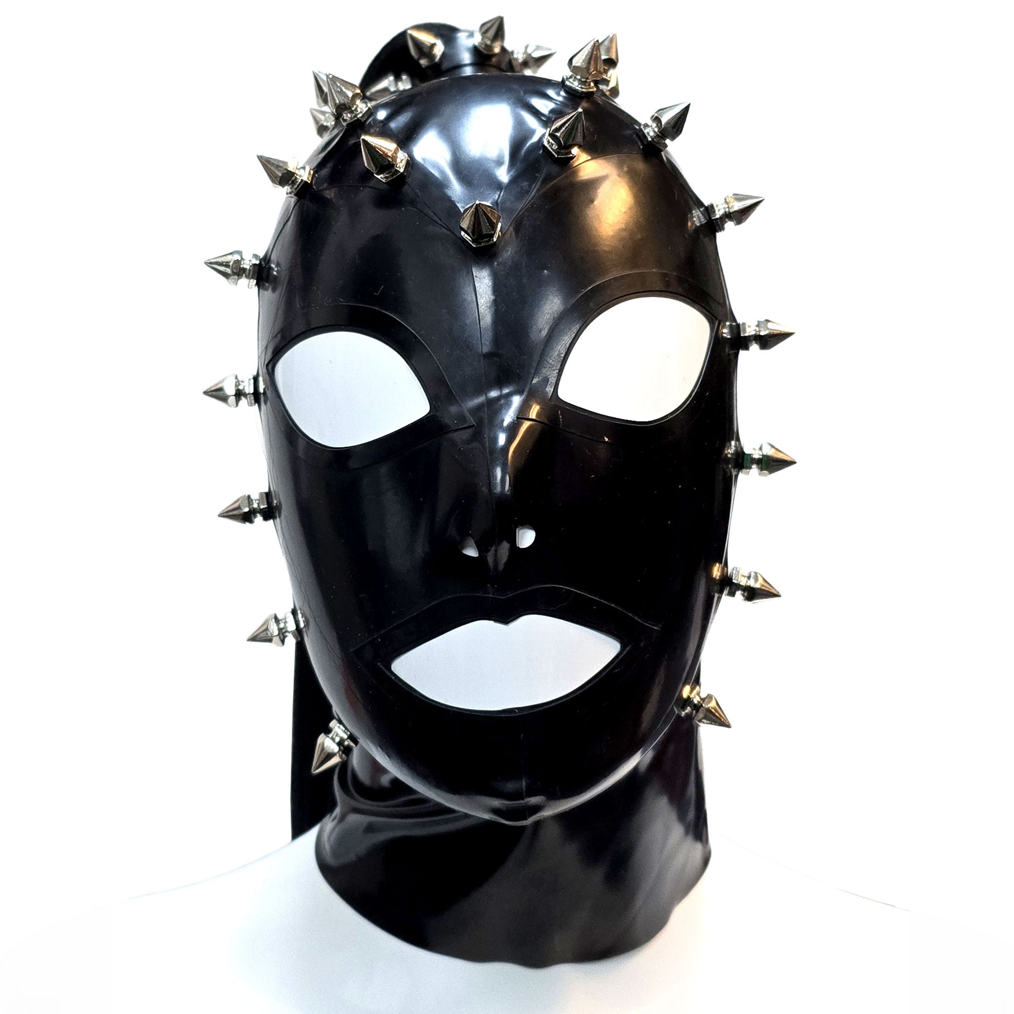 Latex rubber accessories latex-accessories head-gear hood latex-hood mask anatomical spike spikes spiked short-spikes magnetic-hair magnetic-ponytail high-ponytail back-zip zipper hair-shield shiny glossy spicy sexy striking fetish fashion alt-fashion alternative punk goth gothic cyber cyberpunk bondage bdsm bdsm-gear bdsm-hood bdsm-toys kink kinky kinkwear costume cosplay halloween unisex black black-hair