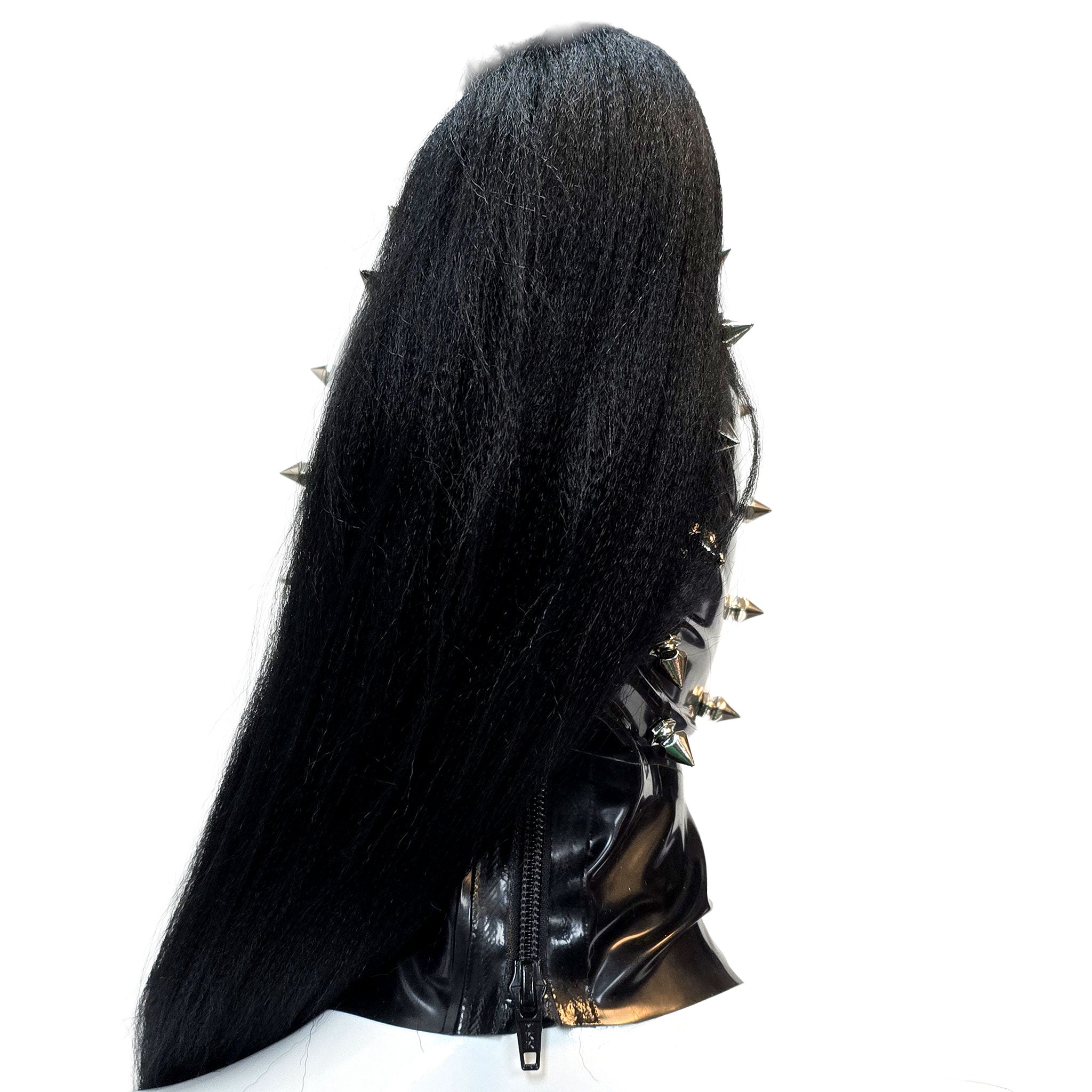 Latex rubber accessories latex-accessories head-gear hood latex-hood mask anatomical spike spikes spiked short-spikes magnetic-hair magnetic-ponytail high-ponytail back-zip zipper hair-shield shiny glossy spicy sexy striking fetish fashion alt-fashion alternative punk goth gothic cyber cyberpunk bondage bdsm bdsm-gear bdsm-hood bdsm-toys kink kinky kinkwear costume cosplay halloween unisex black black-hair
