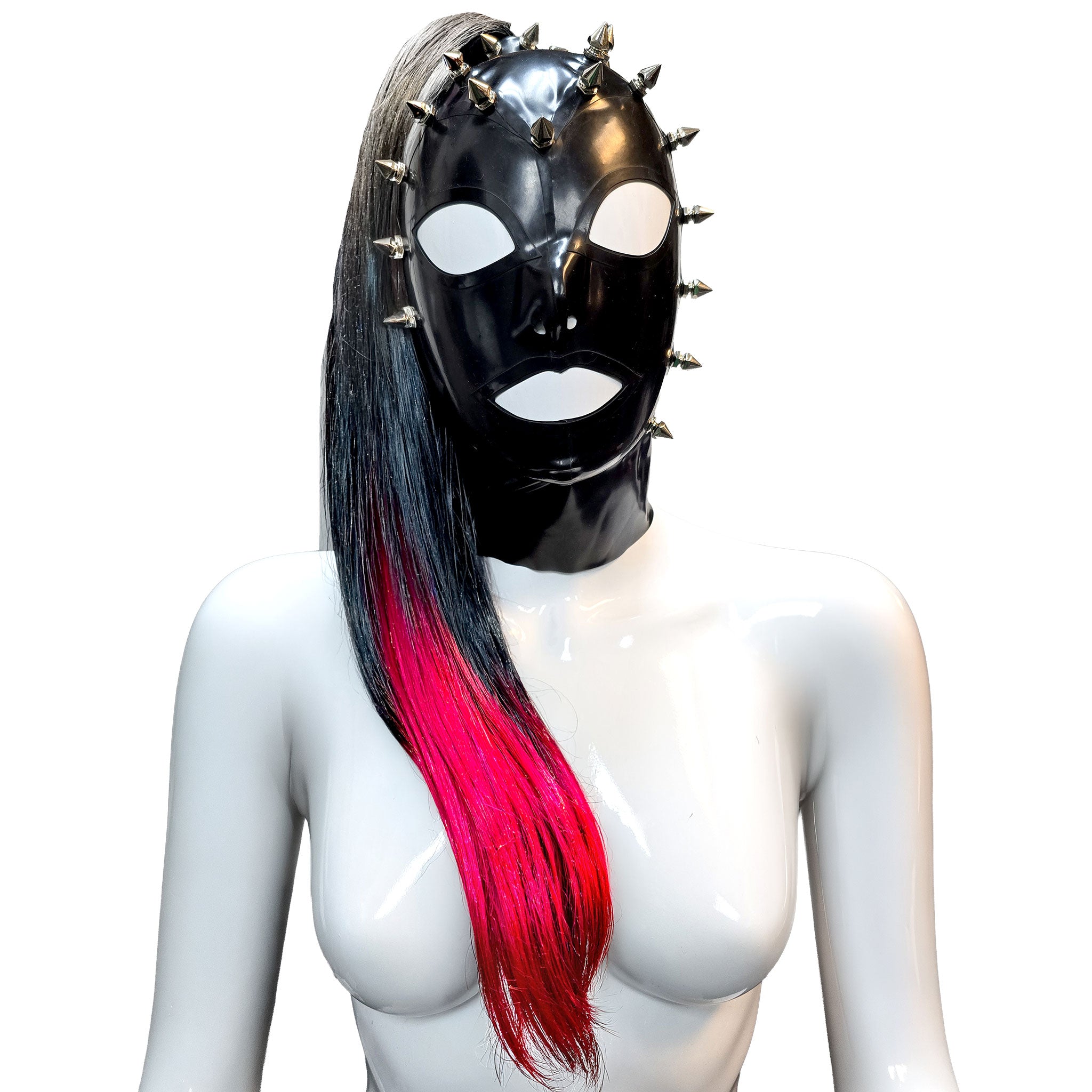 Latex rubber accessories latex-accessories head-gear hood latex-hood mask anatomical spike spikes spiked short-spikes magnetic-hair magnetic-ponytail high-ponytail back-zip zipper hair-shield shiny glossy spicy sexy striking fetish fashion alt-fashion alternative punk goth gothic cyber cyberpunk bondage bdsm bdsm-gear bdsm-hood bdsm-toys kink kinky kinkwear costume cosplay halloween unisex black black-red-hair