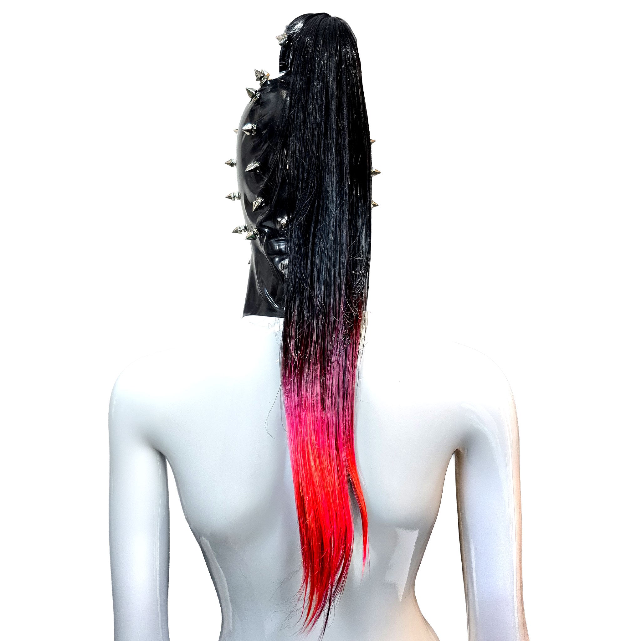 Latex rubber accessories latex-accessories head-gear hood latex-hood mask anatomical spike spikes spiked short-spikes magnetic-hair magnetic-ponytail high-ponytail back-zip zipper hair-shield shiny glossy spicy sexy striking fetish fashion alt-fashion alternative punk goth gothic cyber cyberpunk bondage bdsm bdsm-gear bdsm-hood bdsm-toys kink kinky kinkwear costume cosplay halloween unisex black black-red-hair
