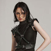 Leather faux-leather PU-leather microfiber accessories tops harness body-harness chest-harness shoulders shoulder-pads spike spiked spikes adjustable buckle armpit-straps spring-clip D-ring O-ring integrated bold rugged powerful edgy fierce fetish fashion alt-fashion goth gothic punk bdsm costume cosplay halloween couture armor post-apocalypse apocalypse road-warrior warrior unisex black
