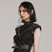 Leather faux-leather PU-leather microfiber accessories tops harness body-harness chest-harness shoulders shoulder-pads spike spiked spikes adjustable buckle armpit-straps spring-clip D-ring O-ring integrated bold rugged powerful edgy fierce fetish fashion alt-fashion goth gothic punk bdsm costume cosplay halloween couture armor post-apocalypse apocalypse road-warrior warrior unisex black