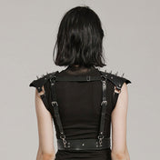 Leather faux-leather PU-leather microfiber accessories tops harness body-harness chest-harness shoulders shoulder-pads spike spiked spikes adjustable buckle armpit-straps spring-clip D-ring O-ring integrated bold rugged powerful edgy fierce fetish fashion alt-fashion goth gothic punk bdsm costume cosplay halloween couture armor post-apocalypse apocalypse road-warrior warrior unisex black