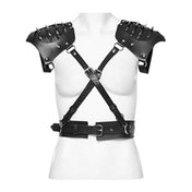 Leather faux-leather PU-leather microfiber accessories tops harness body-harness chest-harness shoulders shoulder-pads spike spiked spikes adjustable buckle armpit-straps spring-clip D-ring O-ring integrated bold rugged powerful edgy fierce fetish fashion alt-fashion goth gothic punk bdsm costume cosplay halloween couture armor post-apocalypse apocalypse road-warrior warrior unisex black