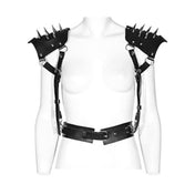 Leather faux-leather PU-leather microfiber accessories tops harness body-harness chest-harness shoulders shoulder-pads spike spiked spikes adjustable buckle armpit-straps spring-clip D-ring O-ring integrated bold rugged powerful edgy fierce fetish fashion alt-fashion goth gothic punk bdsm costume cosplay halloween couture armor post-apocalypse apocalypse road-warrior warrior unisex black