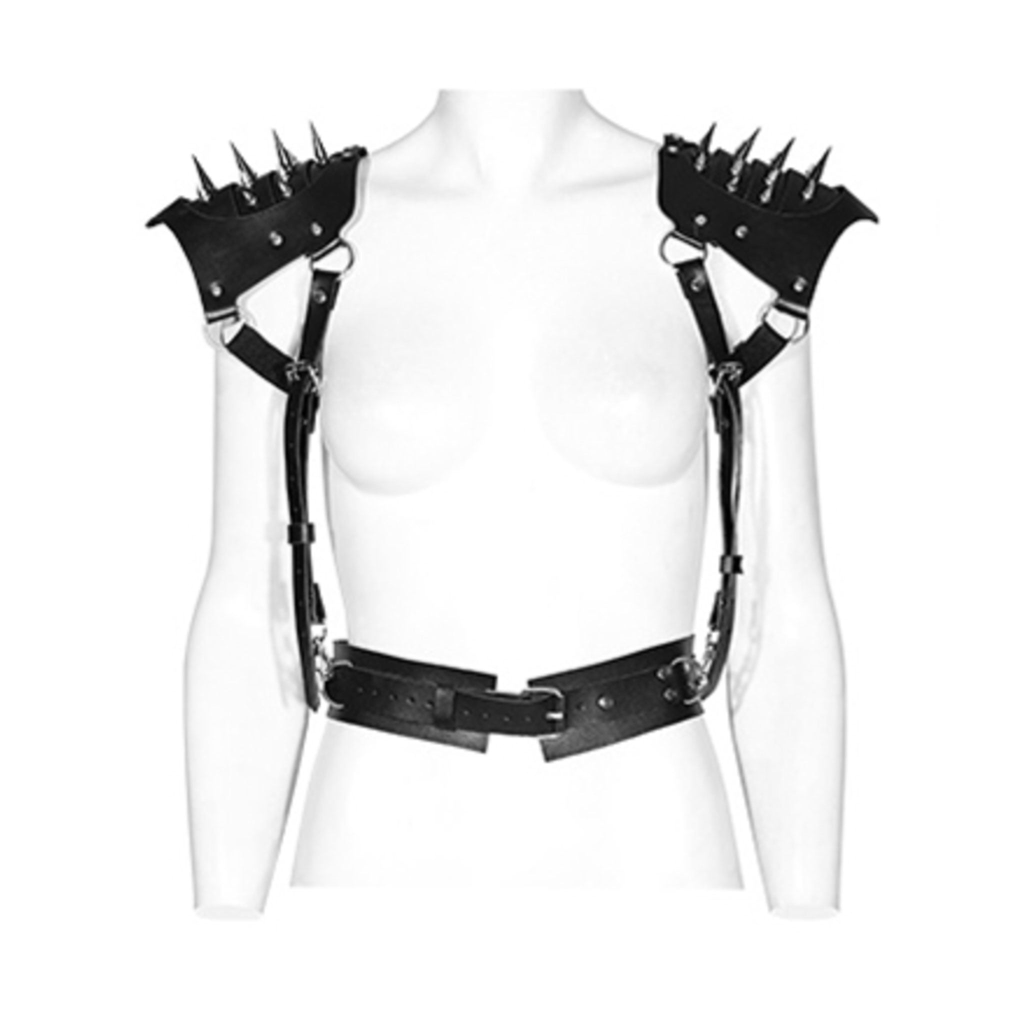 Leather faux-leather PU-leather microfiber accessories tops harness body-harness chest-harness shoulders shoulder-pads spike spiked spikes adjustable buckle armpit-straps spring-clip D-ring O-ring integrated bold rugged powerful edgy fierce fetish fashion alt-fashion goth gothic punk bdsm costume cosplay halloween couture armor post-apocalypse apocalypse road-warrior warrior unisex black