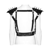 Leather faux-leather PU-leather microfiber accessories tops harness body-harness chest-harness shoulders shoulder-pads spike spiked spikes adjustable buckle armpit-straps spring-clip D-ring O-ring integrated bold rugged powerful edgy fierce fetish fashion alt-fashion goth gothic punk bdsm costume cosplay halloween couture armor post-apocalypse apocalypse road-warrior warrior unisex black
