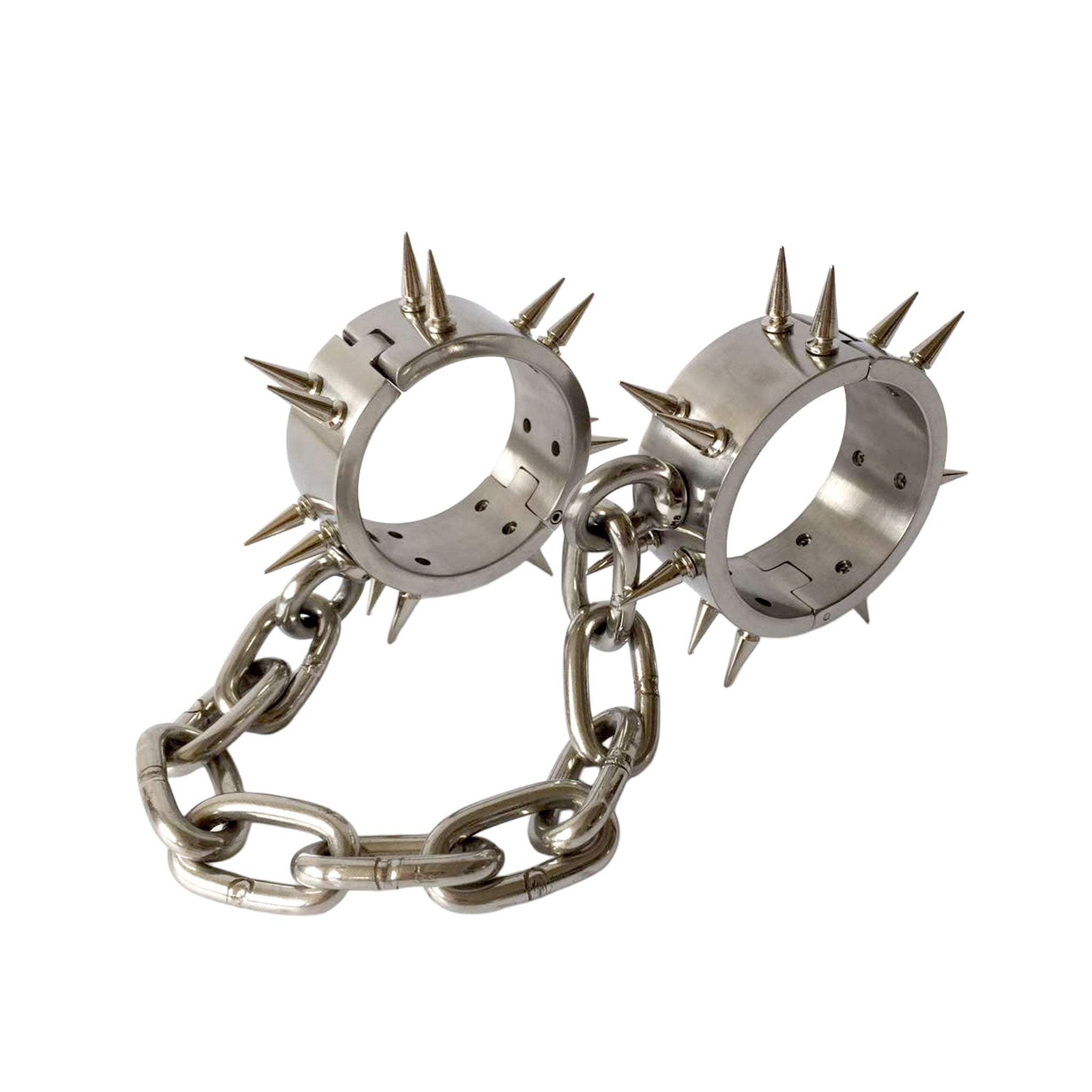 Stainless-steel 304 chain accessories restraints cuffs hinged-cuffs ankle ankle-cuffs lockable locking allen-key hexagonal-key hexagonal-screw spike spikes spiked spiked-cuffs heavy-duty durable strong cold heavy bondage bdsm bdsm-gear kink kinky kinky-play sub submissive unisex silver
