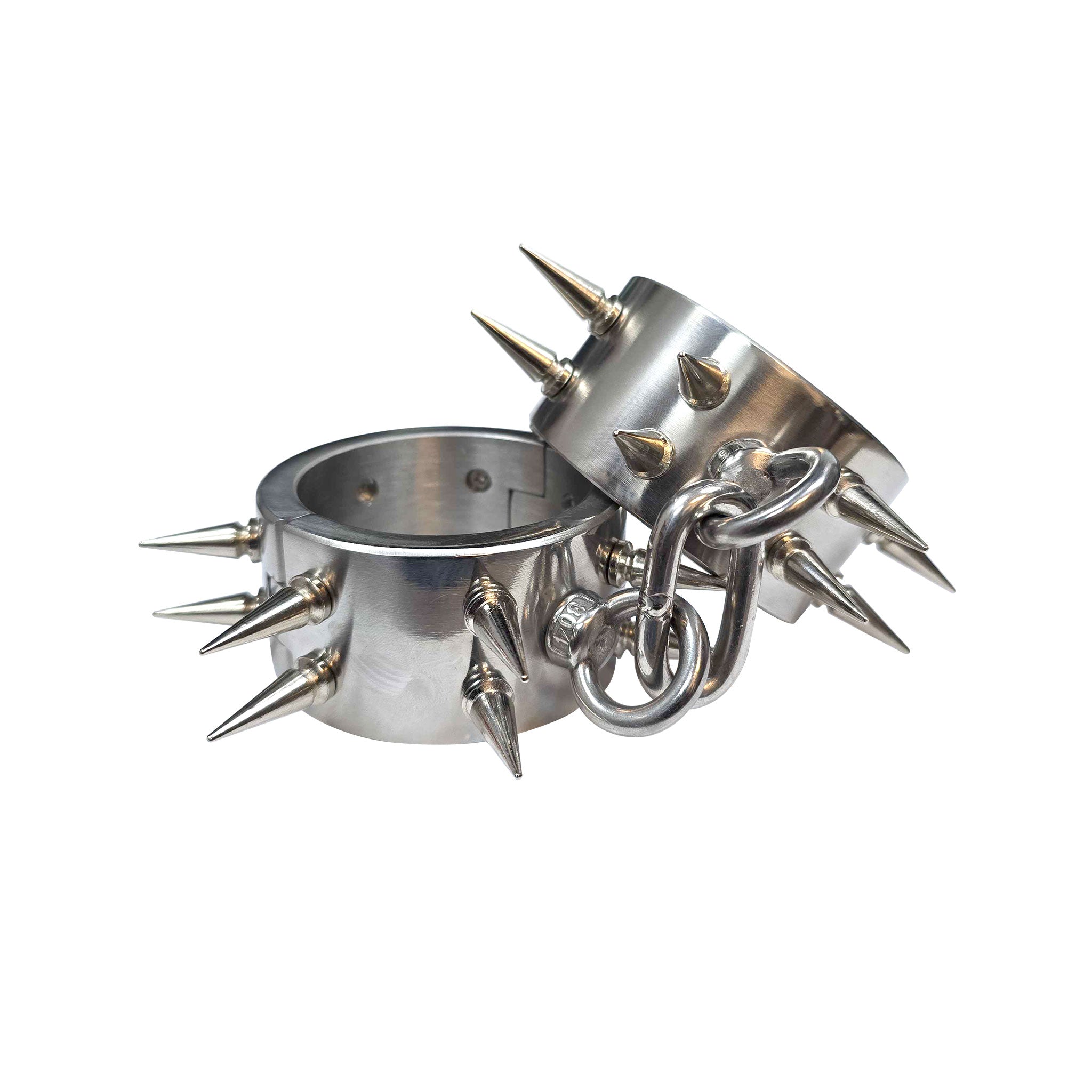 Stainless-steel restraints wrist wrist-cuffs wrist-restraints hinged spikes spiked spike sharp locking lockable allen-key heavy heavy-duty fetish fashion bdsm bdsm-toys bondage submission kink kinky kinky-play adult-toys silver