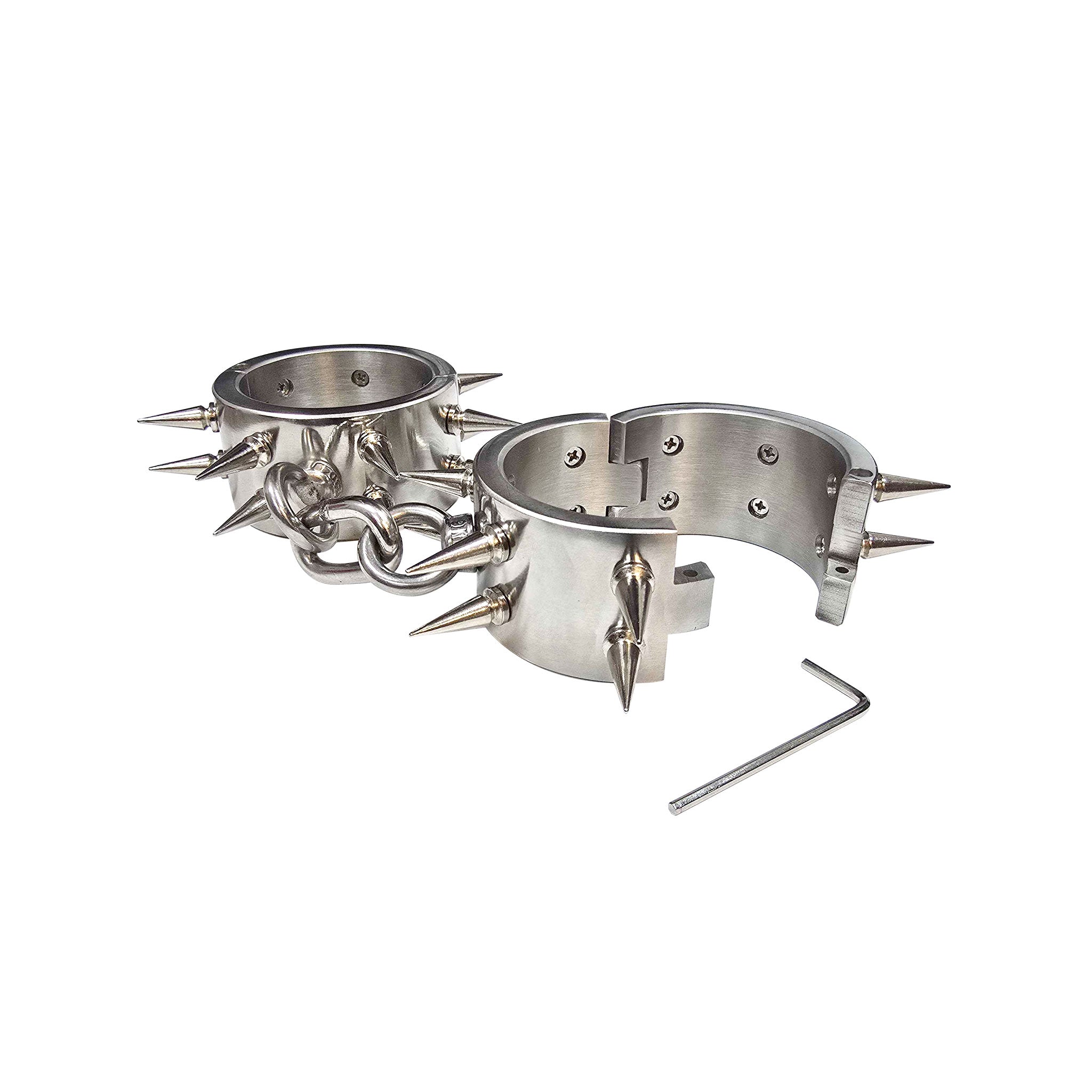 Stainless-steel restraints wrist wrist-cuffs wrist-restraints hinged spikes spiked spike sharp locking lockable allen-key heavy heavy-duty fetish fashion bdsm bdsm-toys bondage submission kink kinky kinky-play adult-toys silver